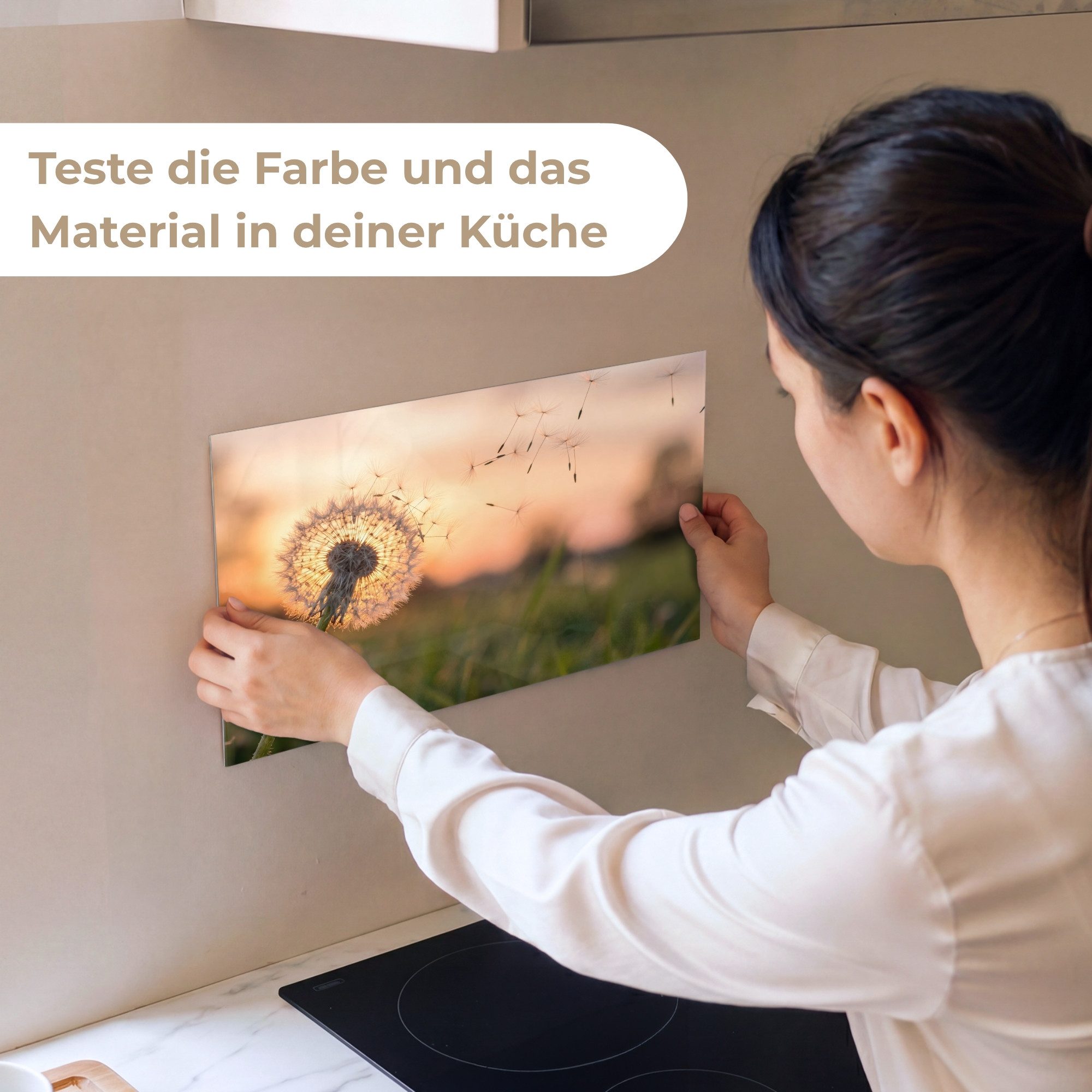 KitchenYeah Küchenrückwand Muster selbstklebend (keine Folie) Löwenzahn - Sonnenuntergang - Feld, (1-tlg), Spritzschutz, Küche, Rückwand, Küchenwand, Küchenfront, 30x20 cm