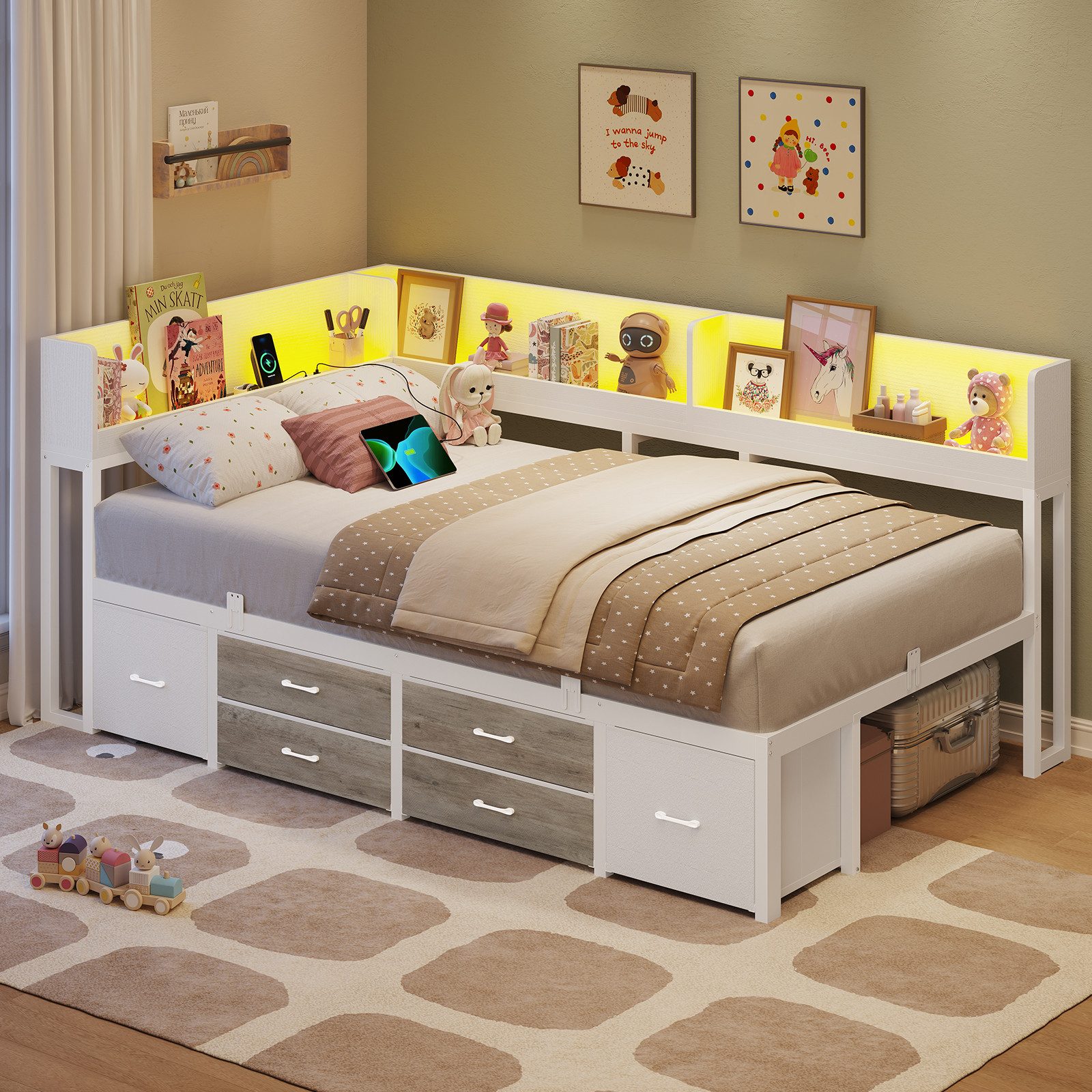 MSMASK Daybett Schlafsofa mit LED-Beleuchtung & Ladestation, Jugendbett Kinderbett, mit Integriertem Bücherregal & 6 Schubladen, 90x190cm
