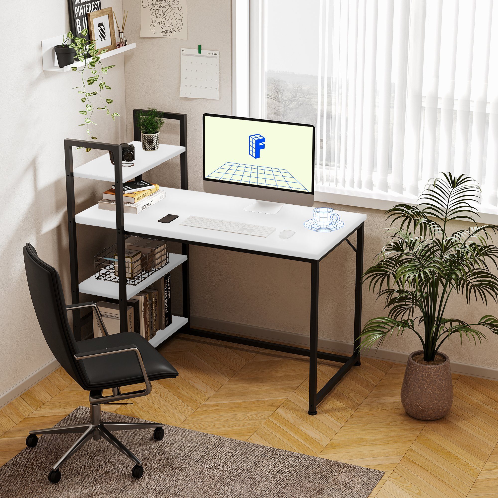FLEXISPOT Schreibtisch Basic Plus F5 Schreibtisch PC-Tisch), (Home mit Office Weiß 4 Lagerregalen, Tier Bücherregal