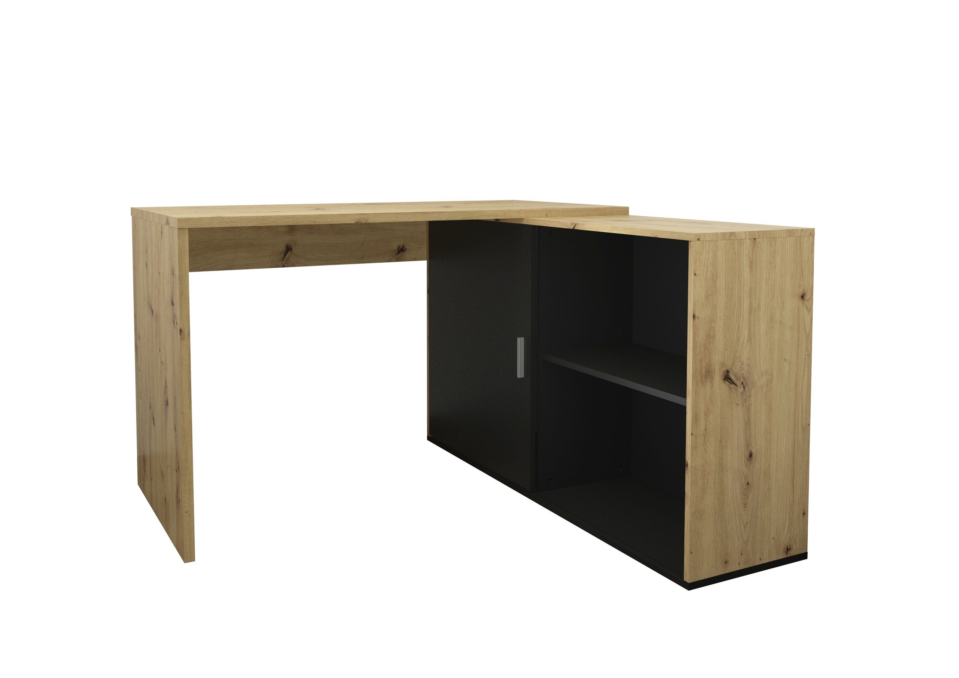 FMD Möbel Eckschreibtisch in Artisan Oak / schwarz perl mit einer Tür und 2 Einlegeböden (BxHxT: 118x75x60,5 cm)