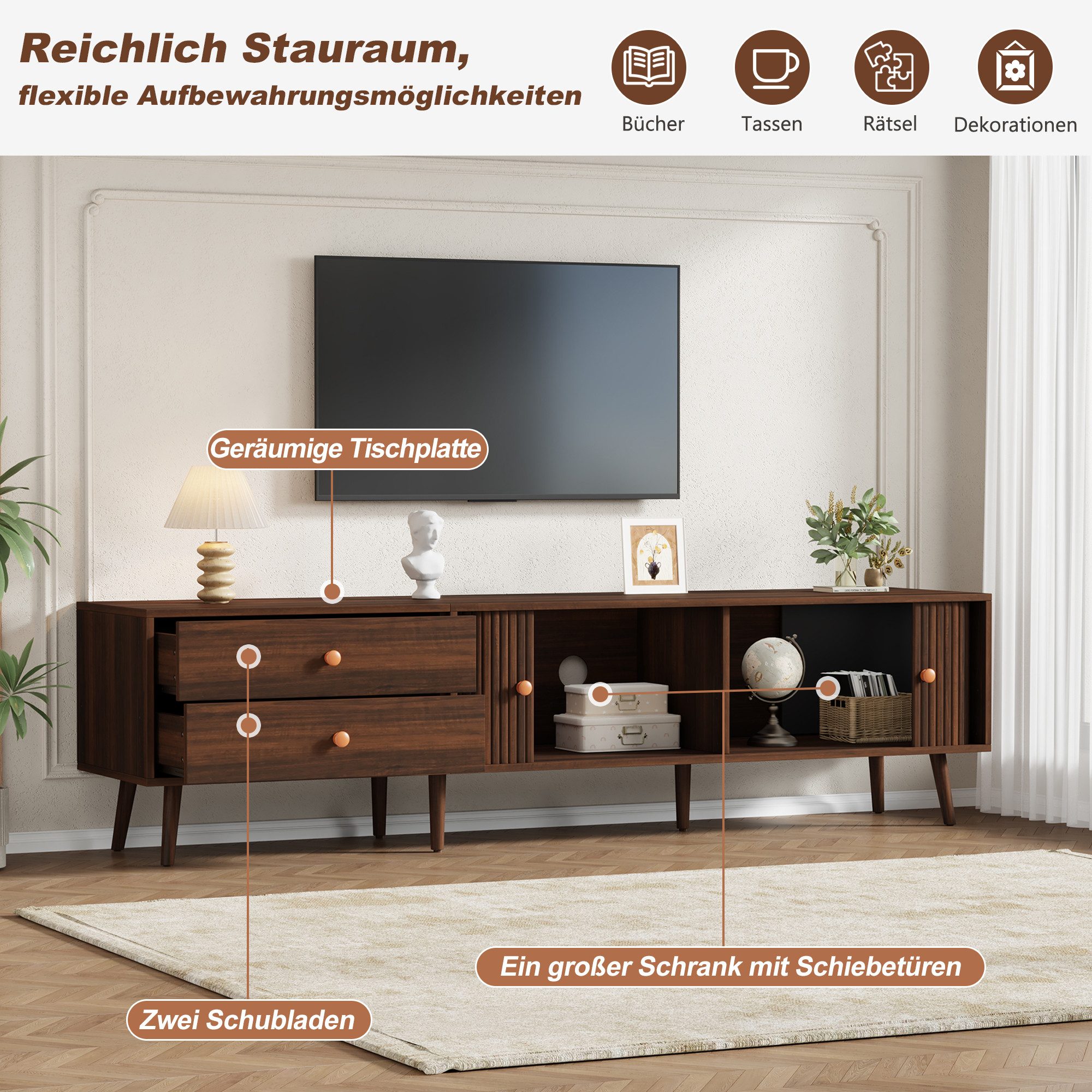 Merax Lowboard TV-Schrank in Walnussholzoptik, 180x40x46,5 cm (1 St), TV-Ständer Wohnzimmerschrank mit 2 Schubladen, 2 Rolltüren,7 Standfüße – Bild 5 von 5