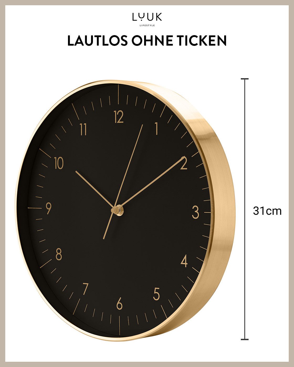 LUUK LIFESTYLE Wanduhr Helsinki (ohne Tickgeräusche, Quarzuhrwerk, große Ziffern, Sekundenzeiger)