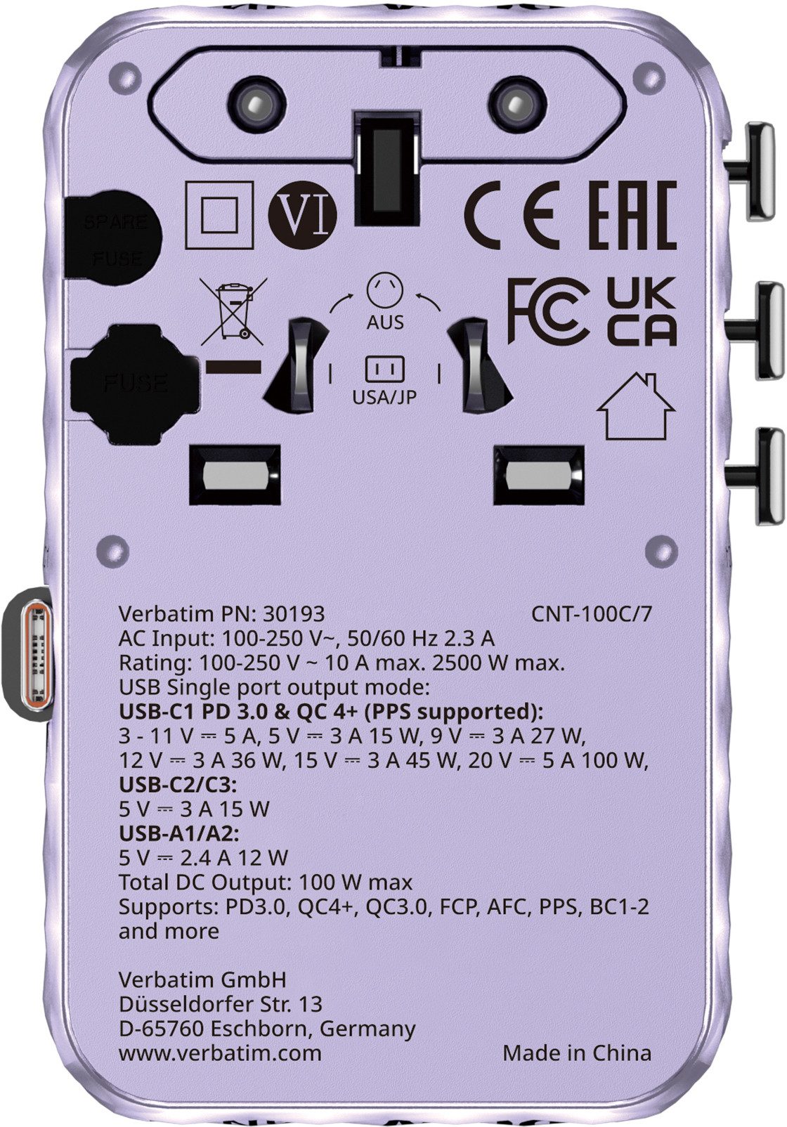 Verbatim Charge 'n' Travel Adapter - 100W GaN USB-C Kabel, rosa Reiseadapter EU-Stecker, Australien-Stecker, US/Japan-Stecker, USB-C zu AC-Steckdose, USB-A, USB-C, Integriertes, einziehbares USB-C-Kabel