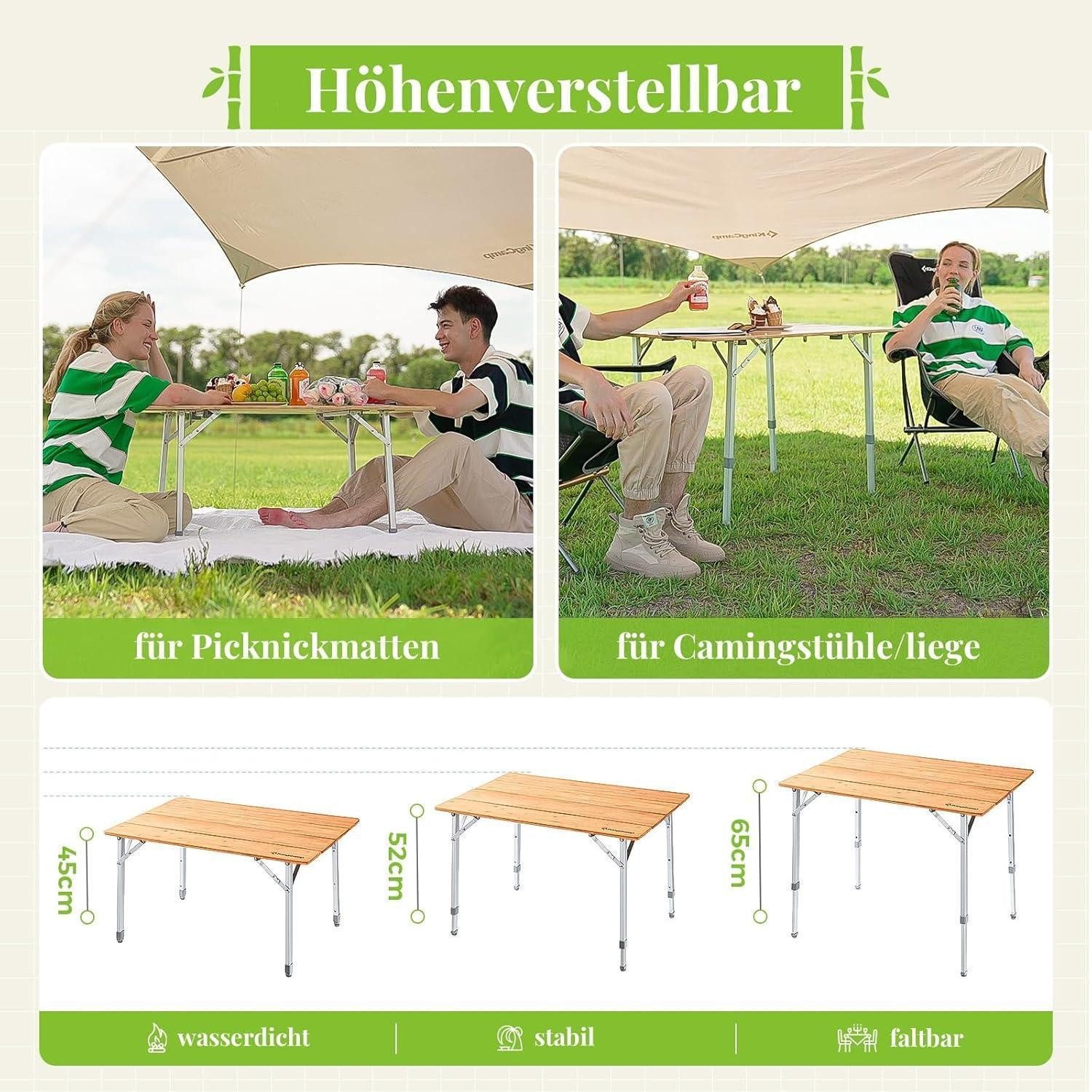 LuxusKollektion Campingtisch Campingtisch Bambus klappbar höhenverstellbar 3 Höhen - 100x65cm