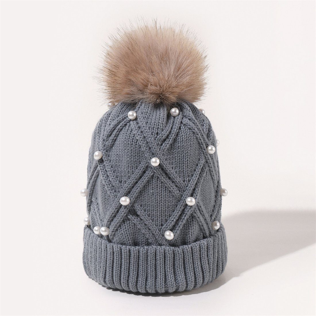Hairball Winter Warm Woolen Thickened Cap Fashion Cap, Women's Strickmütze Knitted Grau DÖRÖY