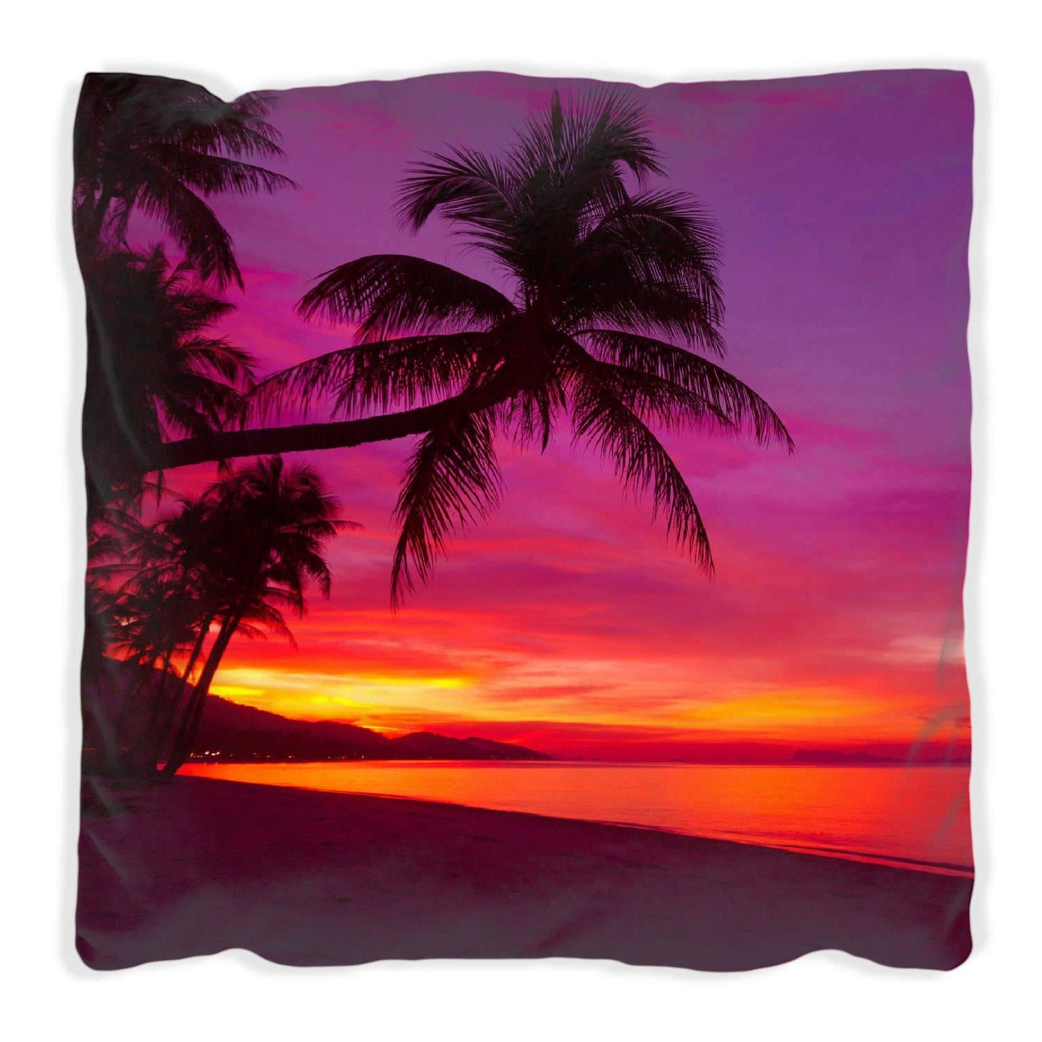 Dekokissen handgenäht unter Palmen - am Wallario pinker Strand, Abendrot Himmel