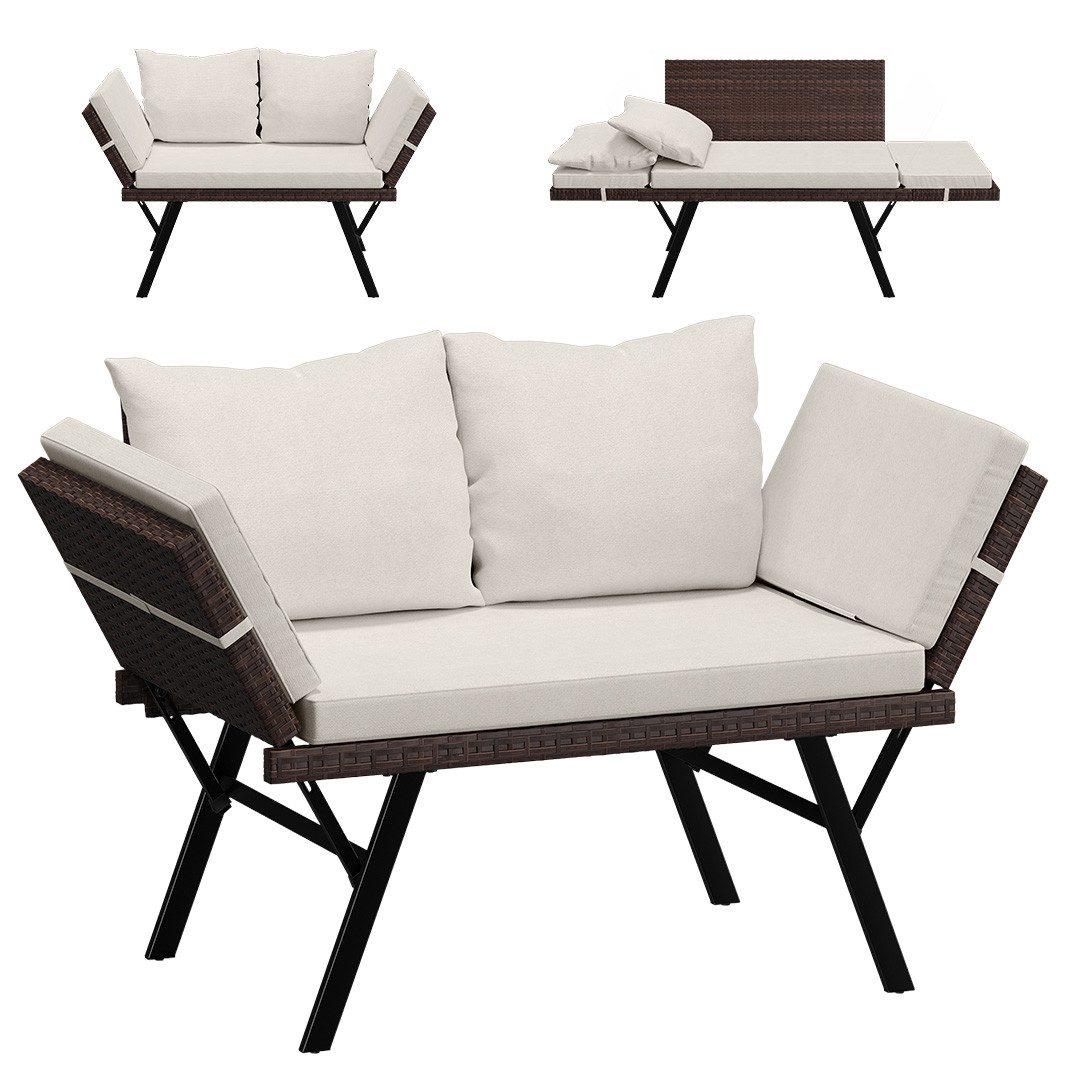 STEELSØN Gartenbank Elytra Relax-Lounge mit klappbaren Armlehnen (braun/beige, inkl. Kissen), 4 Positionen dank Liegefunktion, Rattan Sitzbank wetterfest