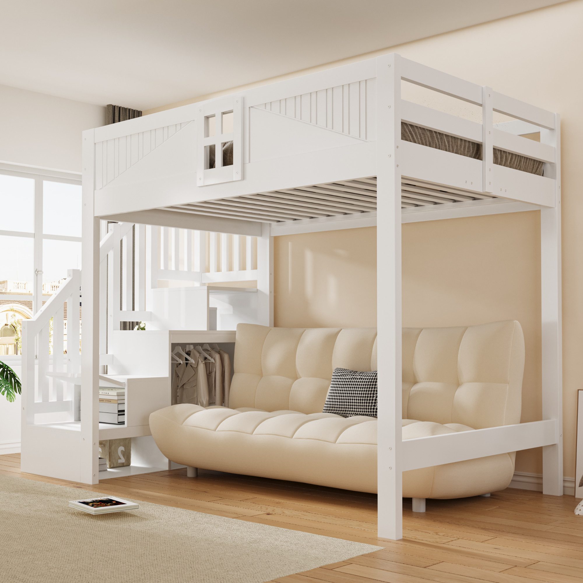 Celya Hochbett Massivholz Multifunktionsbett 140 x 200 cm mit Stauraum (ohne Matratze, Mit Einzigartigem Sicherheitsgitter Mit Fenster) Beidseitig Austauschbare – Bild 5 von 5