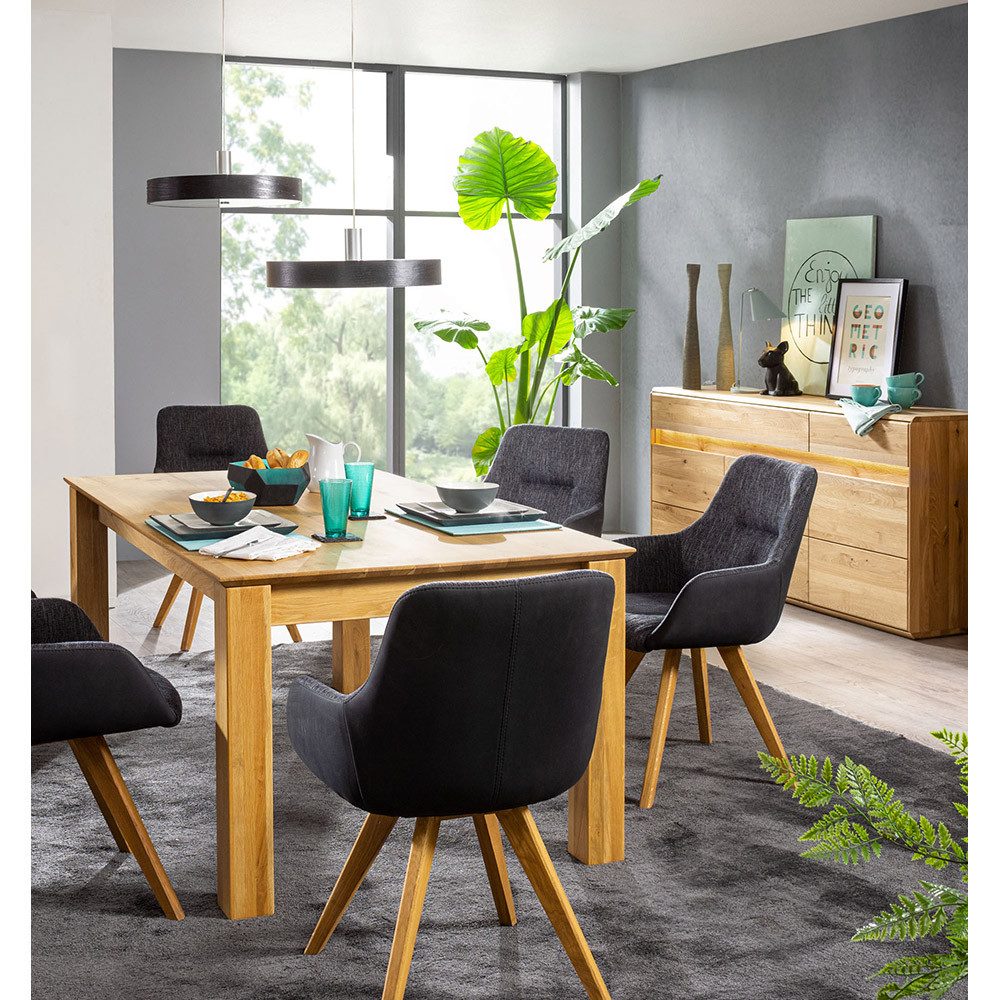 Lomadox Esszimmer-Set WELLAND-69, (Spar-Set, 2-St., Esstisch Highboard Sideboard Vitrine), in Eiche massiv geölt inkl. Beleuchtung, Esstisch 180x100 cm, montiert