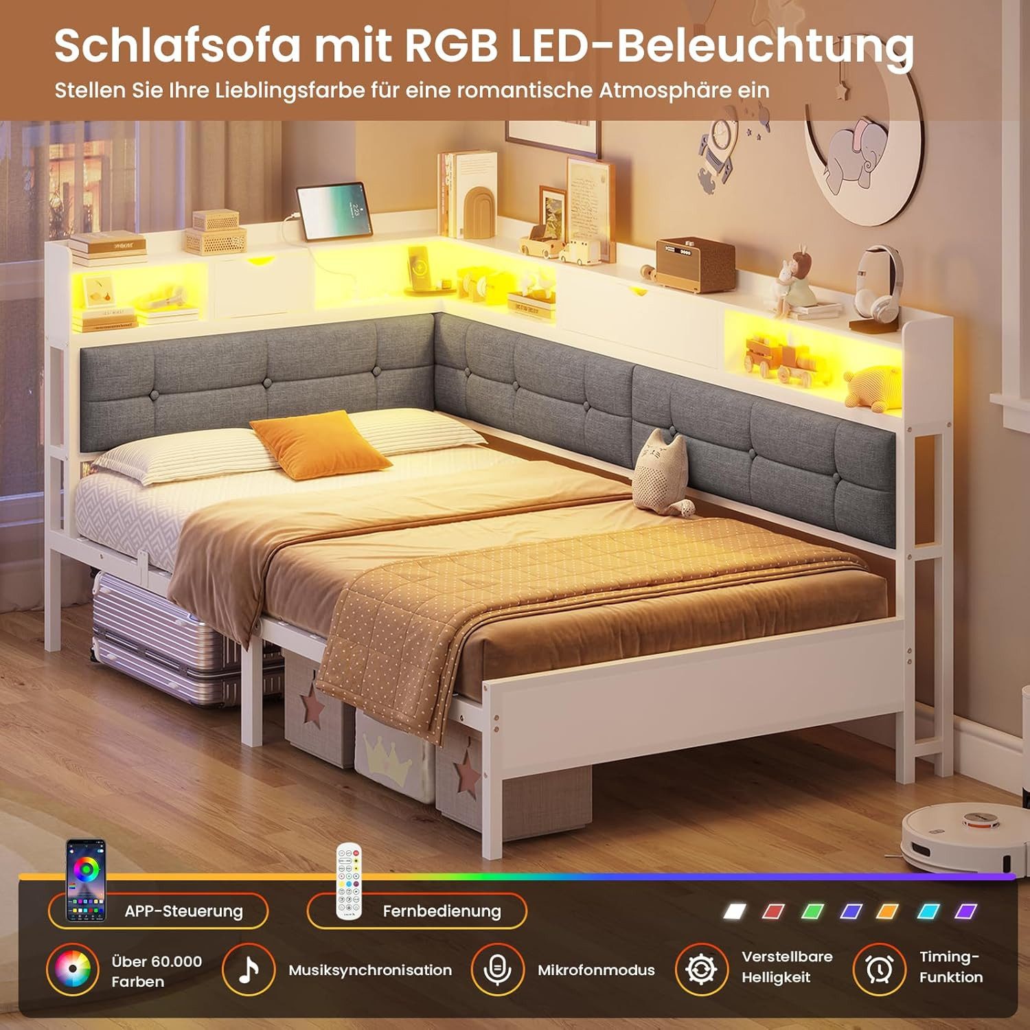 MSMASK Daybett Polsterbett Jugendbett mit LED-Beleuchtung und USB-Ladestation, Bettgestell mit Lattenrost aus Metall, 90 x 200 cm