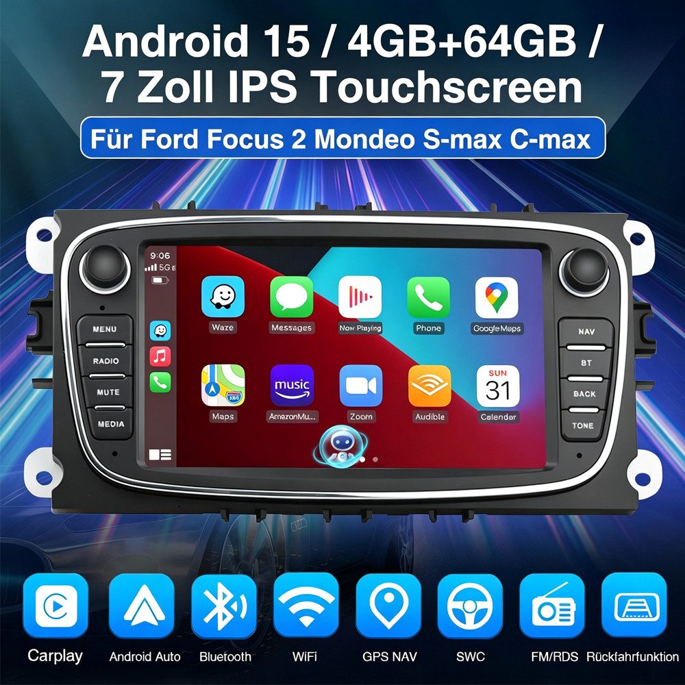 ESSGOO Android15 Für Ford Focus Mk2 Mondeo C/S-MAX Galaxy Kuga GPS Autoradio Navigationsgerät (Carplay Android Auto Bluetooth EQ USB GPS Navi WIFI Touchscreen) – Bild 2 von 5