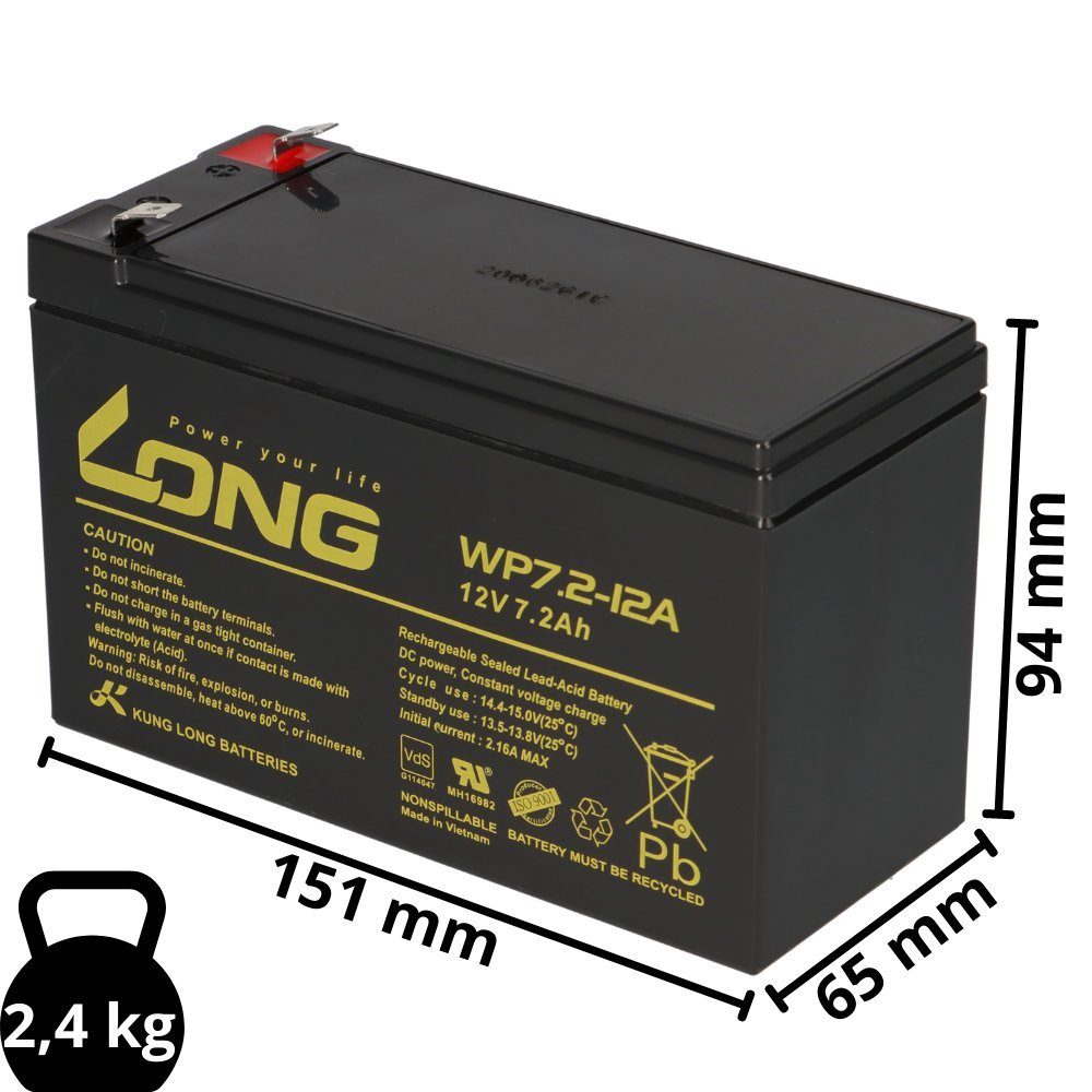 Kung Long Ersatz-Akkus Batterien Elektro Scooter SXT 300, 2 x 12V 7,2Ah AGM Elektromobil-Akku