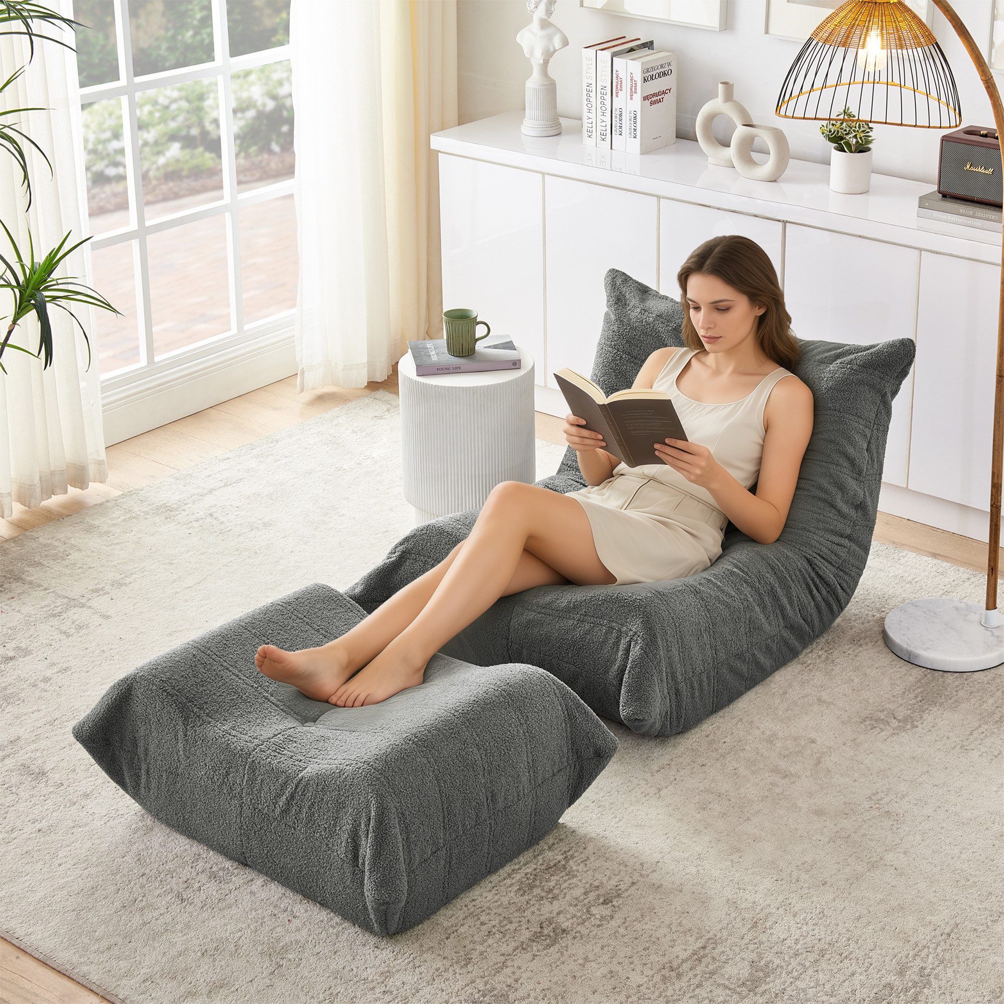 GLP Sitzsack (Set, 2-teiliges Set: 1 Lazy Sofa mit Rückenlehne + 1 Fußhocker), Lazy Sofa Bodensessel mit Fußhocker aus weichem Teddyfell