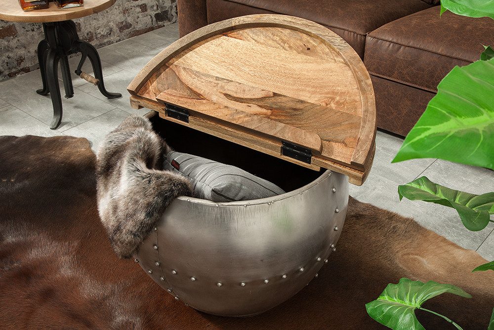 riess-ambiente Couchtisch DRUMP STORAGE Ø70cm natur/silber- Mango, handgefertigt, Stauraum, rund (Einzelartikel, 1-St), Massiver Industrialtisch aus Metall - ideal für Wohn- und Schlafzimmer