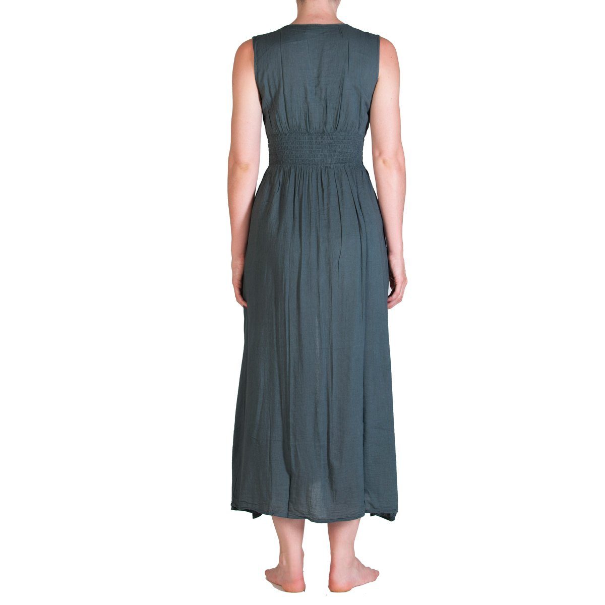 Kleid grau gerafft Baumwolle S Tunikakleid Langes Sommerkleid einfarbiges Rücken im Langes PANASIAM 002 aus auch gesmoked Onesize M und feiner Strandkleid Gr. als