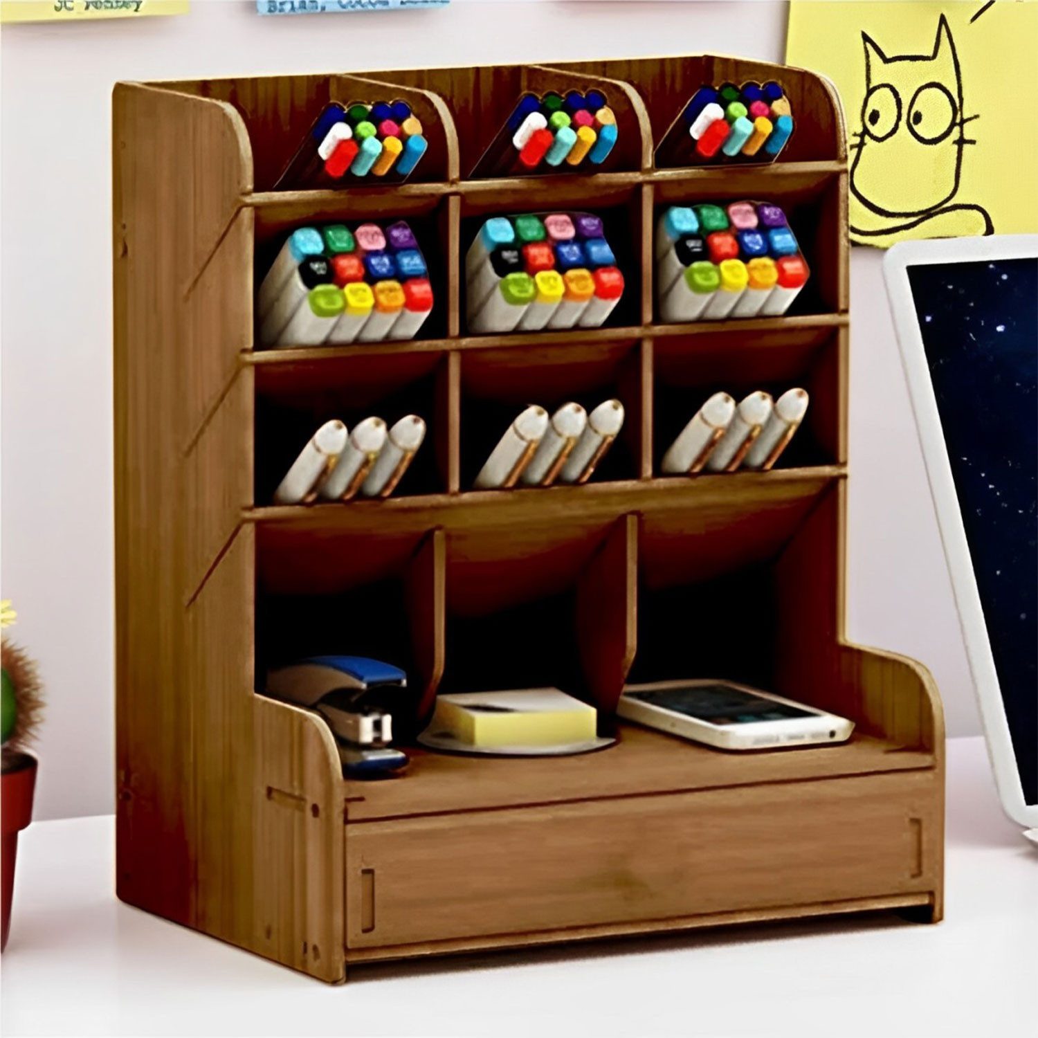 Jungengel Organizer Schreibtisch für Stifte & Utensilien Stiftehalter Schubladen Ordnung, 12x Ablagen, 1x Schublade, Naturholz (MDF)