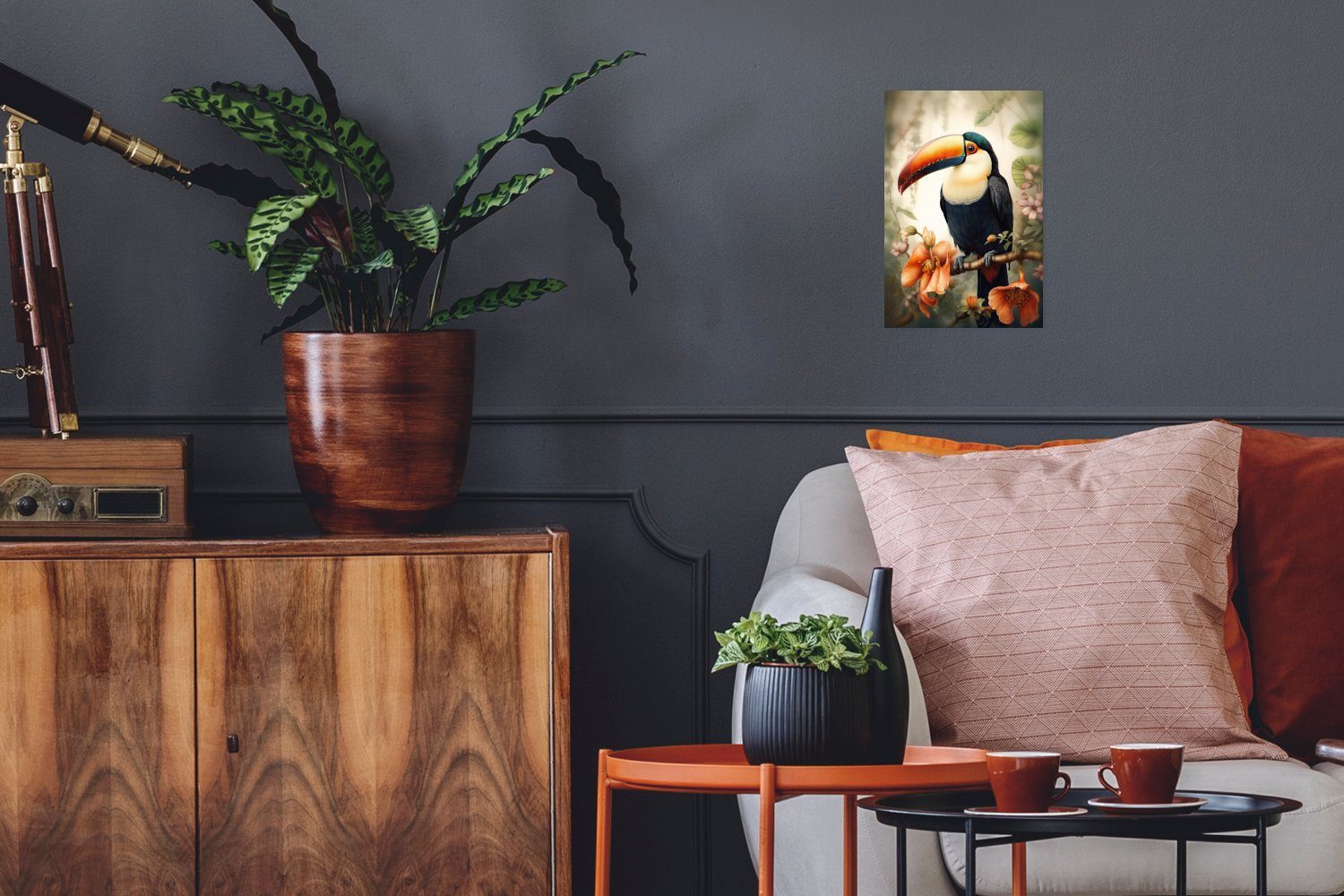 MuchoWow Poster Tukan - Vogel - Blumen - Pflanzen, (1 St), Poster, Wandbild, Wandposter für Wohnzimmer, Ohne Rahmen