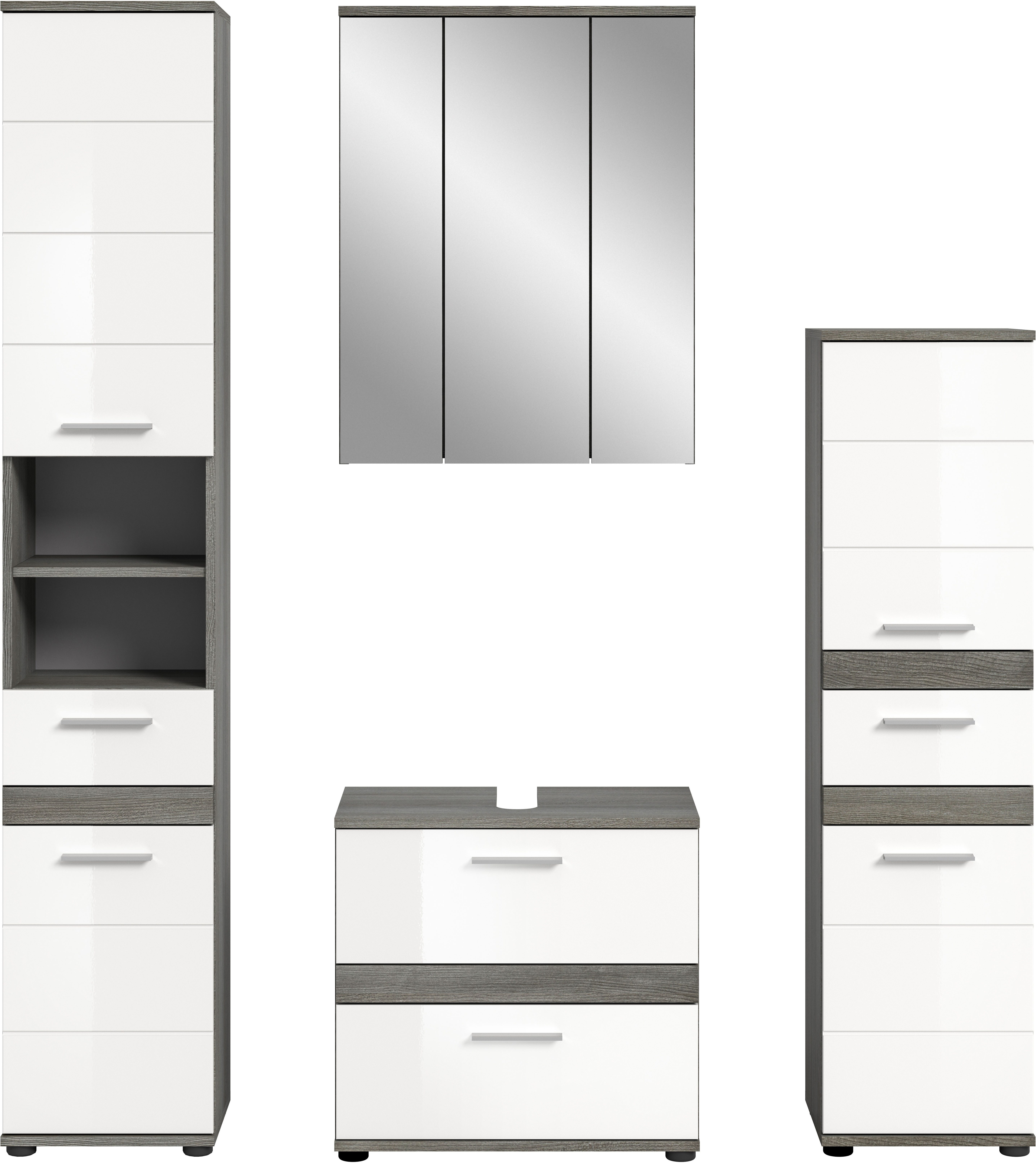 welltime Badmöbel-Set LUCCA, 4-teilig, MDF Hochglanzfront, bestehend aus:, (Set, 4-St), Hochschrank, Waschbeckenunterschrank, Spiegelschrank, Standschrank