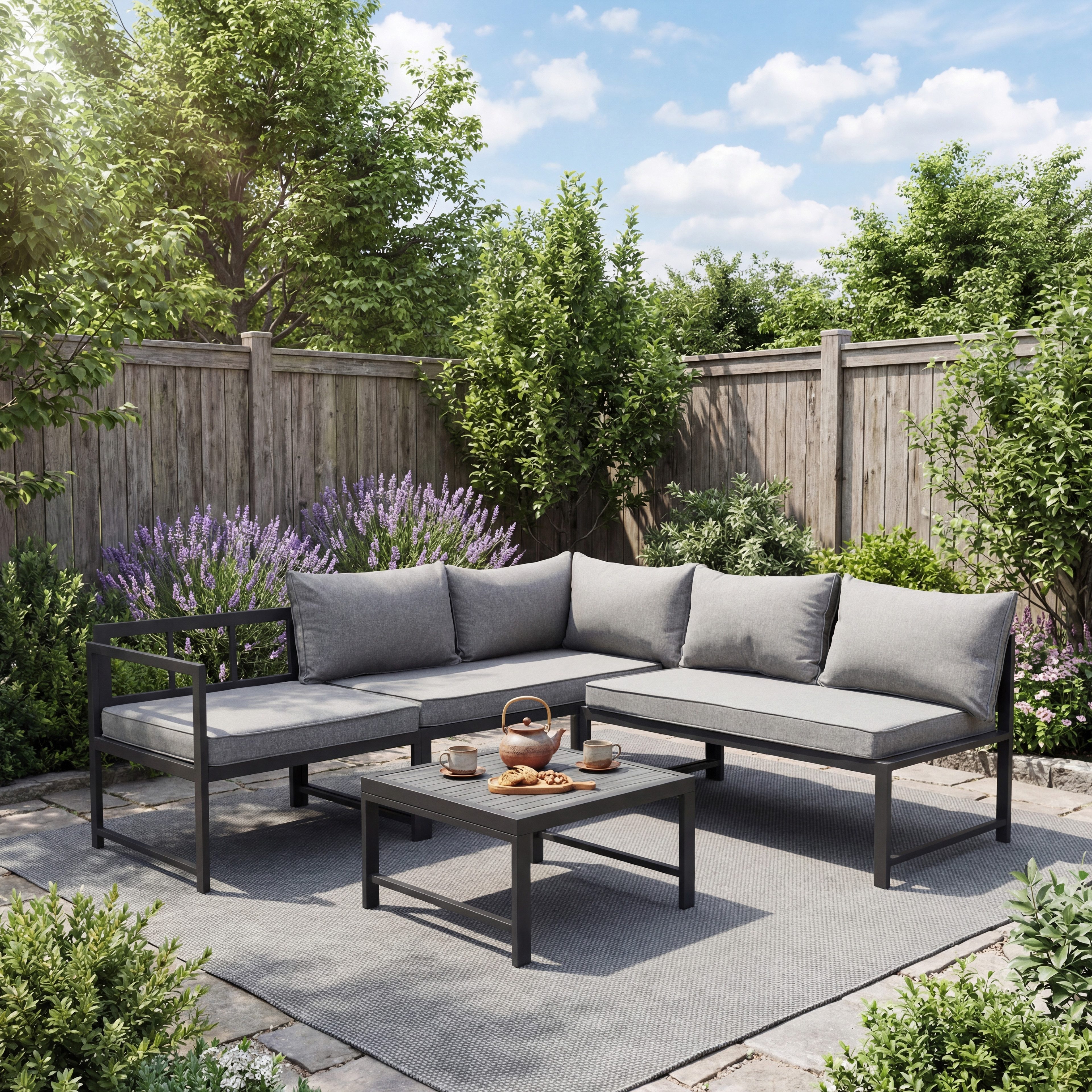 oyajia Gartenlounge-Set Gartenmöbel Set wetterfest 4-5 Personen, (Outdoor Gartensofa mit Tisch, 8cm Deluxe Relax-Sitzkissen), Gartenmöbel mit 5-stufig-verstellbarer Neigungsfunktion