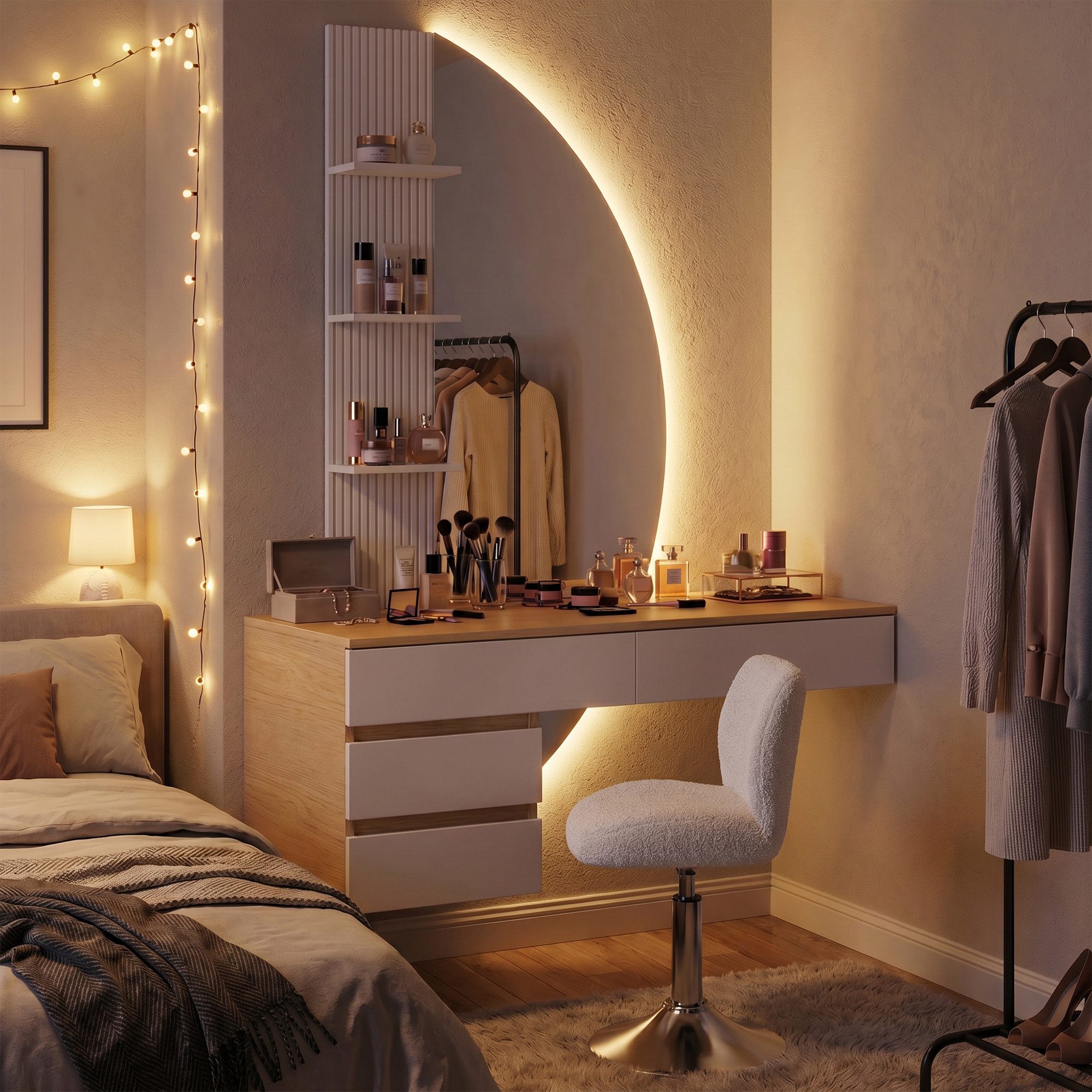 HOMALL Schminktisch Hängender Schminktisch mit drei einstellbaren Farbtemperaturen (LED-Silikon-Lichtleiste in drei Farben, Maße: 106 × 40 × 143 cm, mit 3 offen – Bild 3 von 5