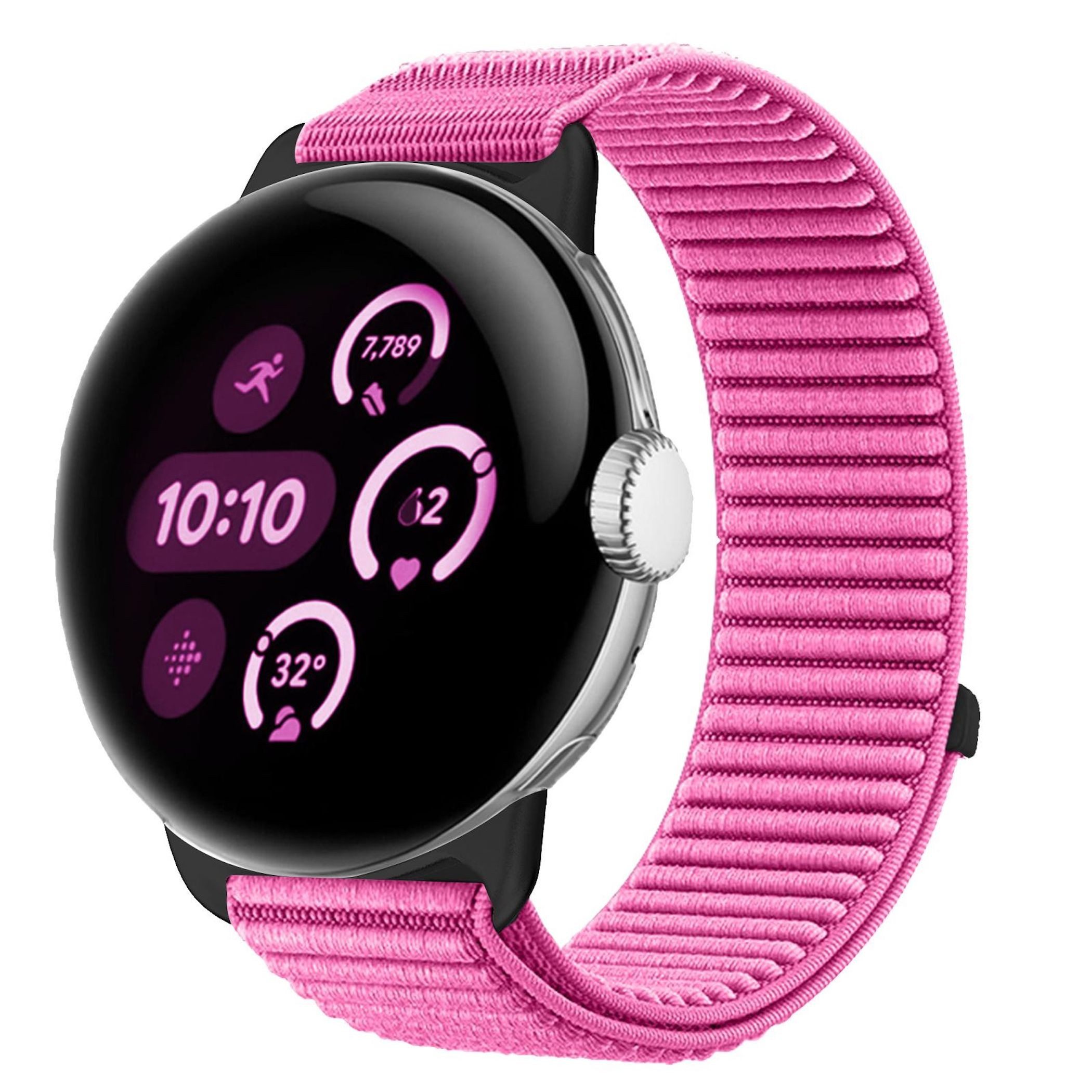 Wigento Smartwatch-Armband Nylon für Google Pixel Watch 5 / 4 / 3 / 2 / 1 41mm Klett Pink, Klettverschluss, Metallanschluss