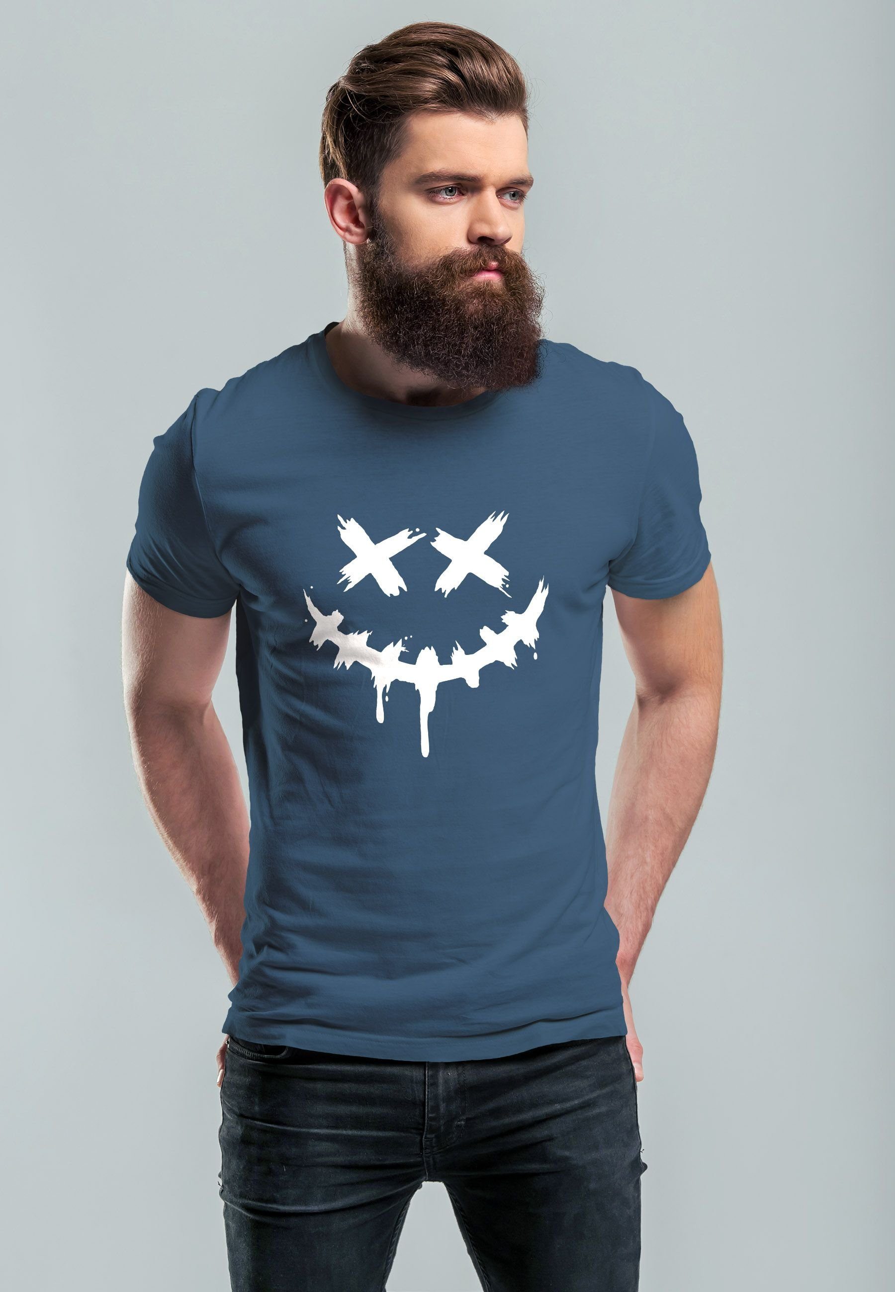 Neverless Print-Shirt Herren T-Shirt Bedruckt Techwear Fashion Streetstyle Smiling Face mit Print
