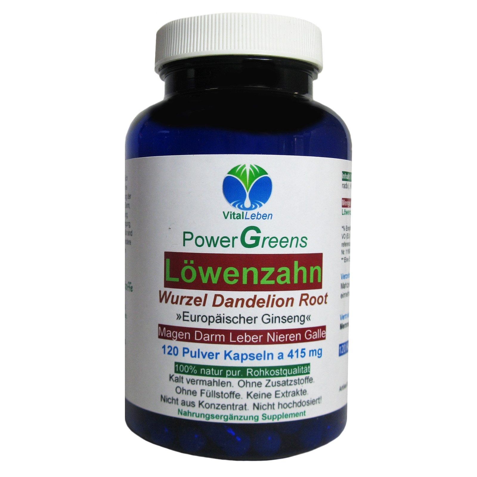 VitalLeben Löwenzahn Wurzel Dandelion Root Bitterstoffe - Ohne Zusatzstoffe Kapseln, 1 er Dose à 120 St., 49,8 g, Art. 26710-120