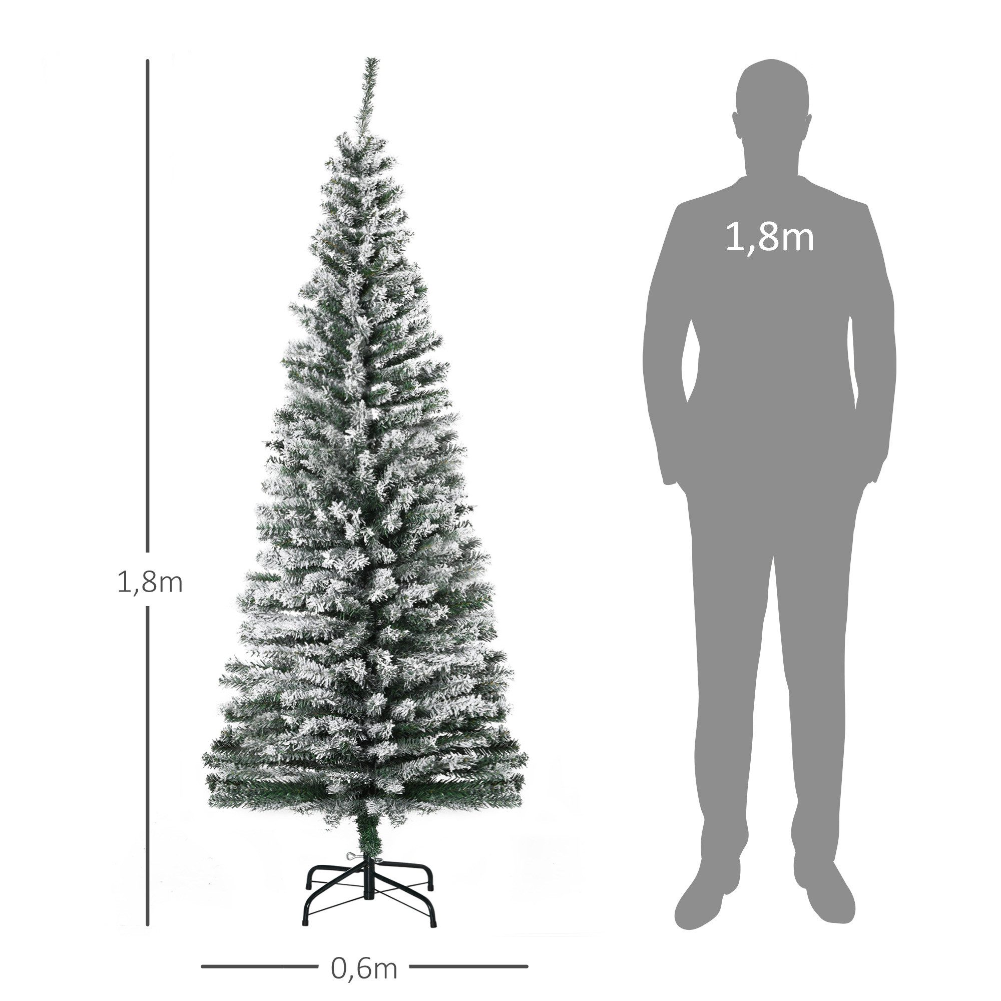 HOMCOM Künstlicher Weihnachtsbaum 180 cm Bleistift Kiefernbaum mit Schnee, 738 Spitzen, beflockt, Künstlicher Weihnachtsbaum, Weihnachtsdeko inkl. Metallständer für drinnen
