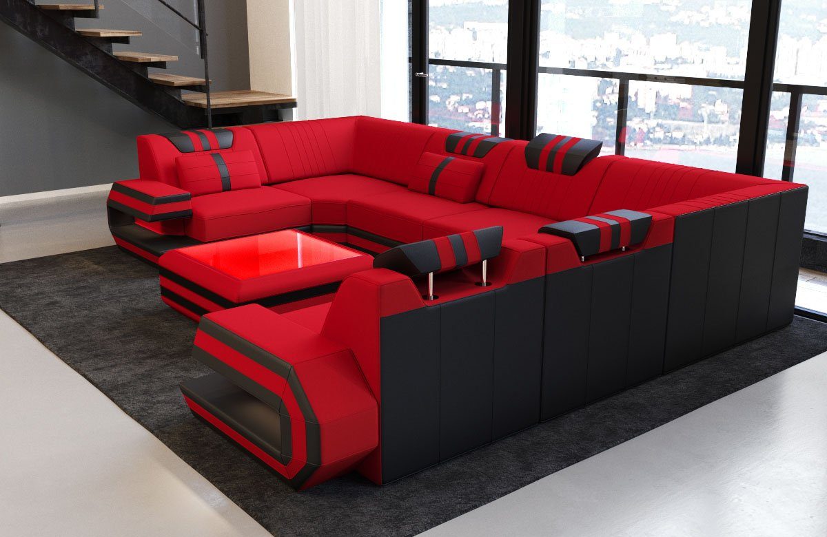 Form Polster Sofa Ragusa mit Dreams Wohnlandschaft Sofa Stoffsofa, Couch Design M wahlweise Stoff rot-schwarz Mikrofaser U Hocker