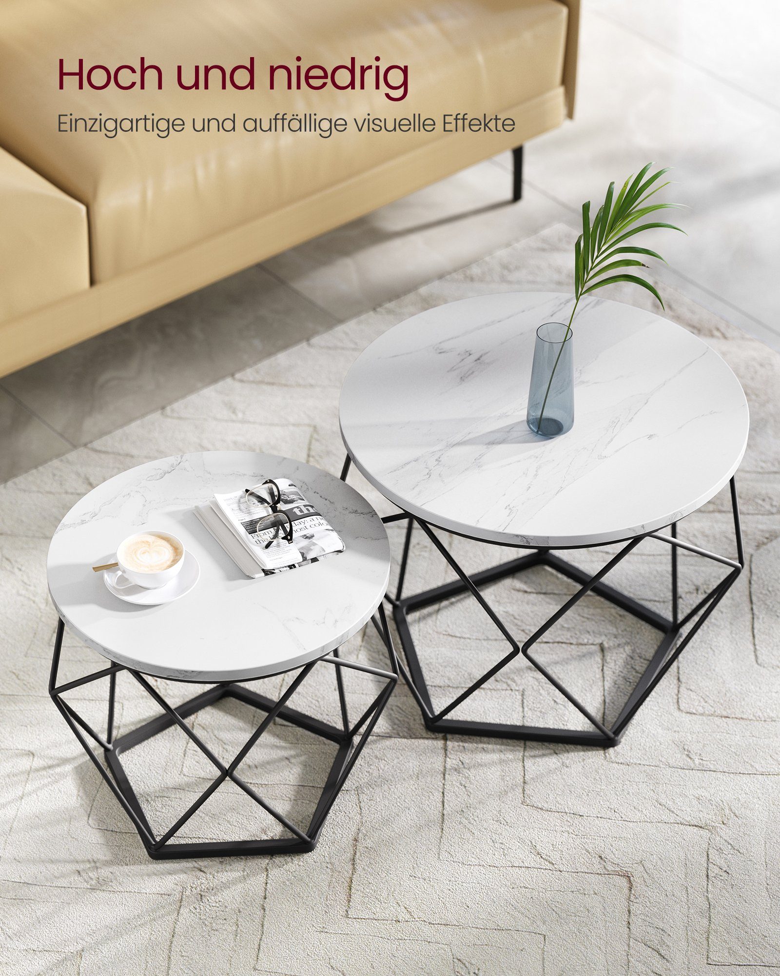 VASAGLE Couchtisch rund, Wohnzimmertisch, modern, Satztisch, Metall (2er Set, inkl. Zubehörpaket & Anleitung, Holz), Beistelltisch, abnehmbare Tischplatte, Ø60x45cm+Ø50x40cm