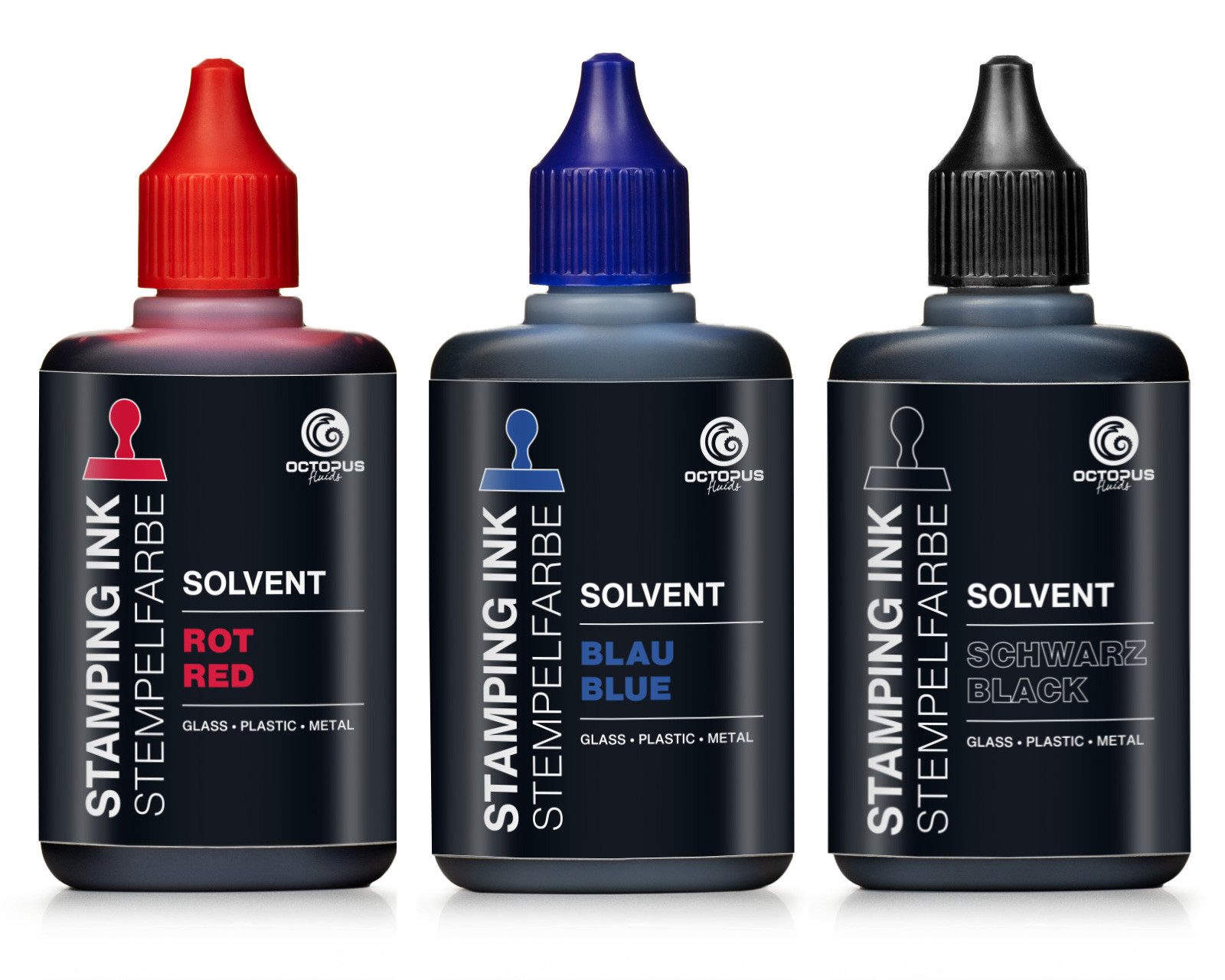 OCTOPUS Fluids Solvent Stempelfarbe für glatte Untergründe, Stempeltinte, 3x 50ml Set Stempelkissen (Spar-Set, 3-tlg., wasserfest)