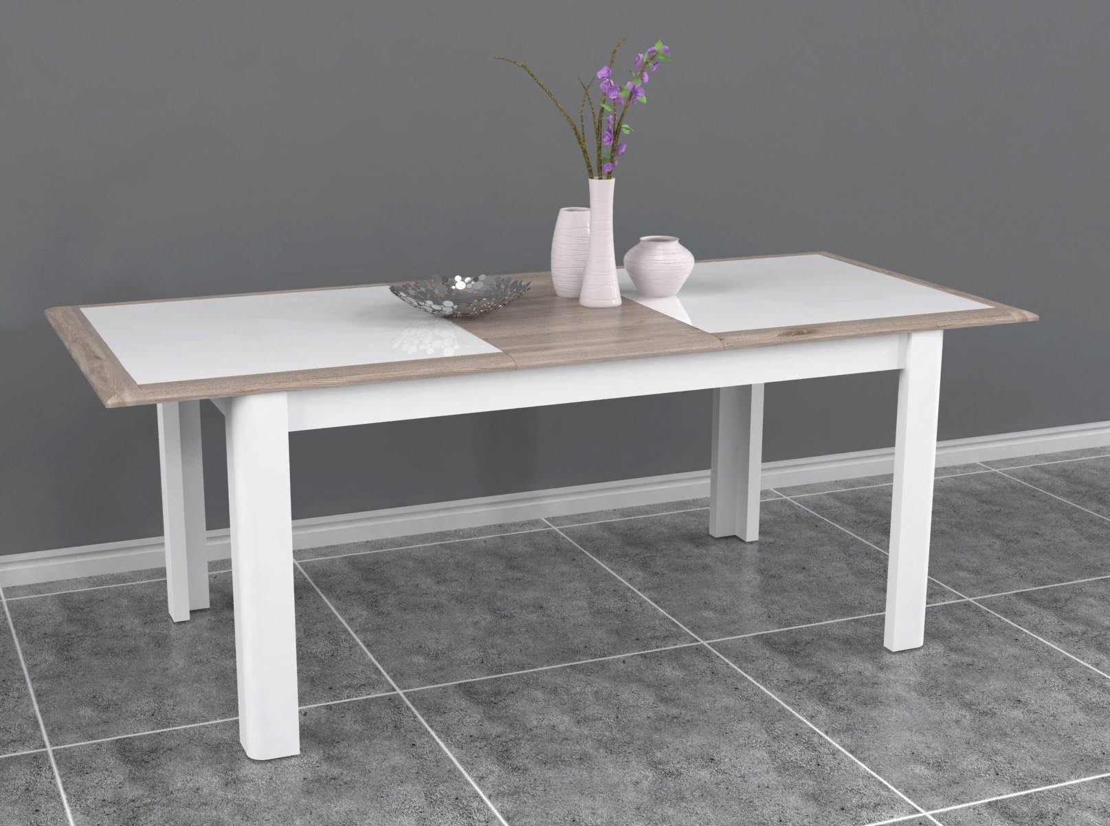 Newroom Esstisch Nelson Eiche und Weiß Hochglanz 160 cm, Esstisch Nelson Eiche und Weiß Hochglanz Modern Ausziehbar Tisch