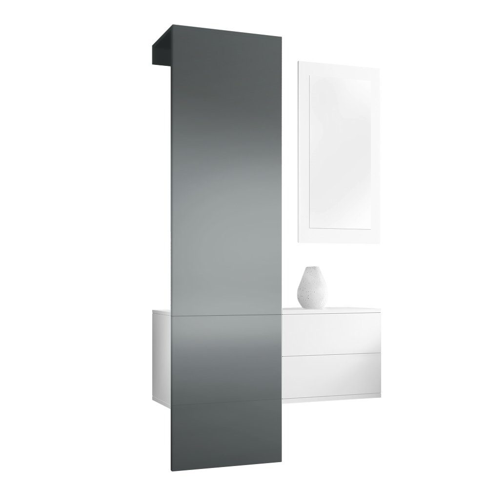 Vladon Garderoben-Set Carlton Set 2, (Wandgarderobe bestehend aus, ​ 1 Paneel, 1 Schubkastenschrank und 1 Wandspiegel), Weiß matt/Graphit seidenmatt (105 x 193 x 35 cm)