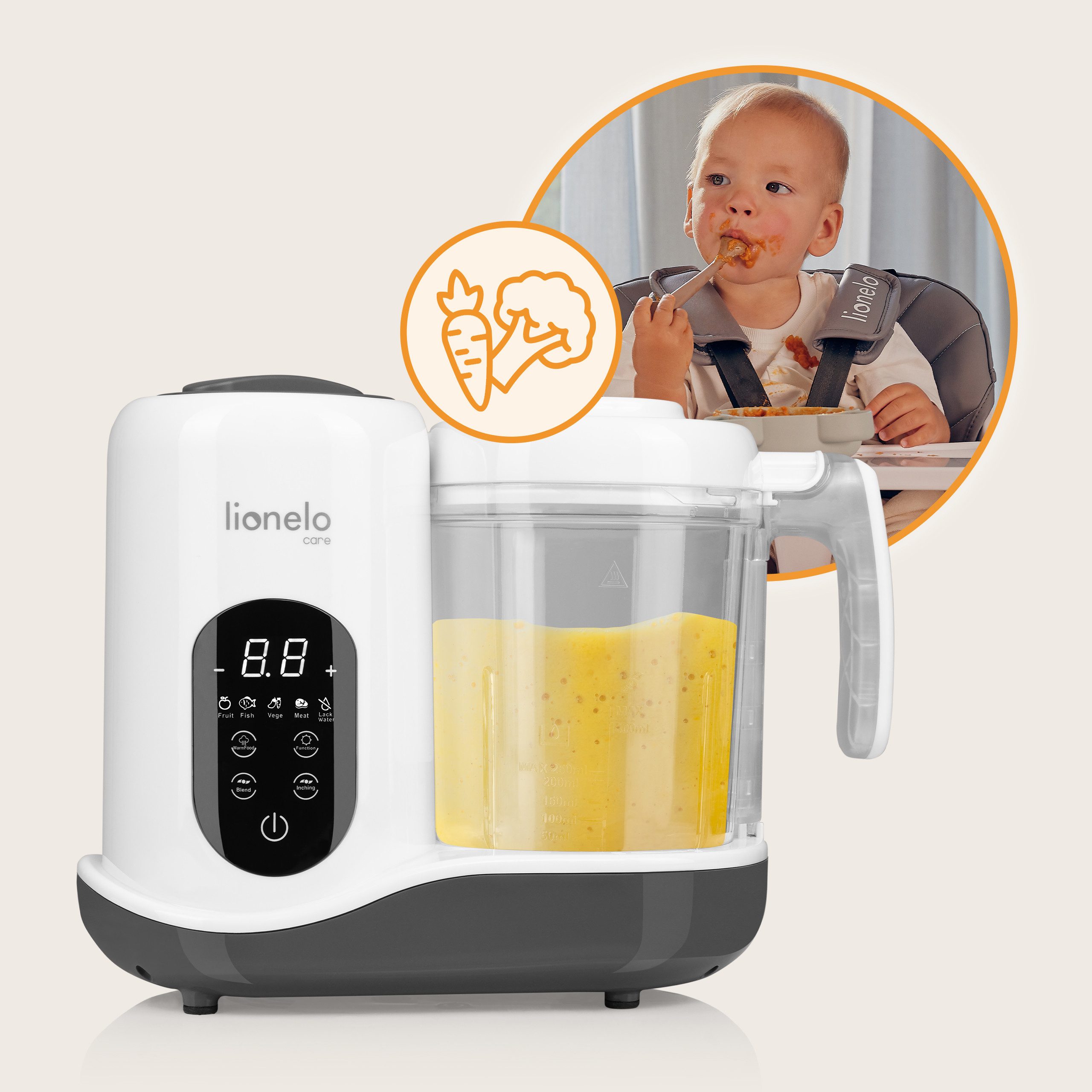 lionelo Babynahrungszubereiter LOC-BABY MENU, 300,00 W, 0,90 l Schüssel, 4 Programme/Entfrosten/Sterilisieren/Mixer/Touchscreen/900ml
