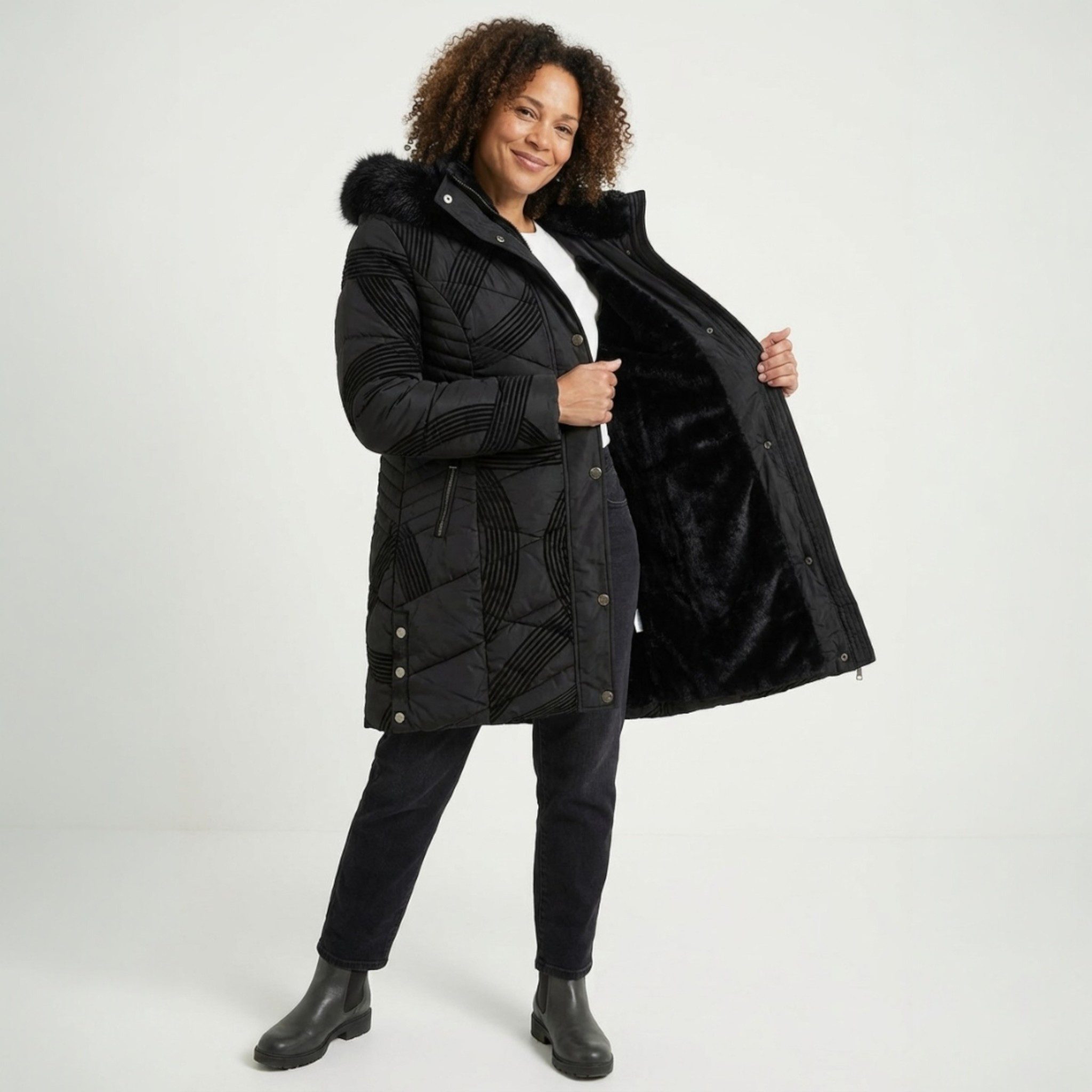 Steppjacke Kuschelige Midi Steppjacke für Damen mit Velourstreifen