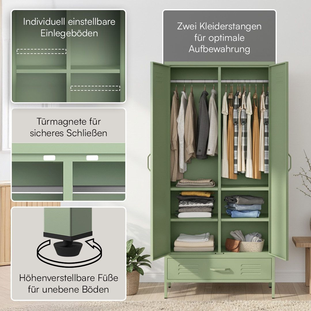 skølm Kleiderschrank Atria aus Metall (Mintgrün) Metallschrank mit 6 Fächern, 1 Schublade & 2 Kleiderstangen