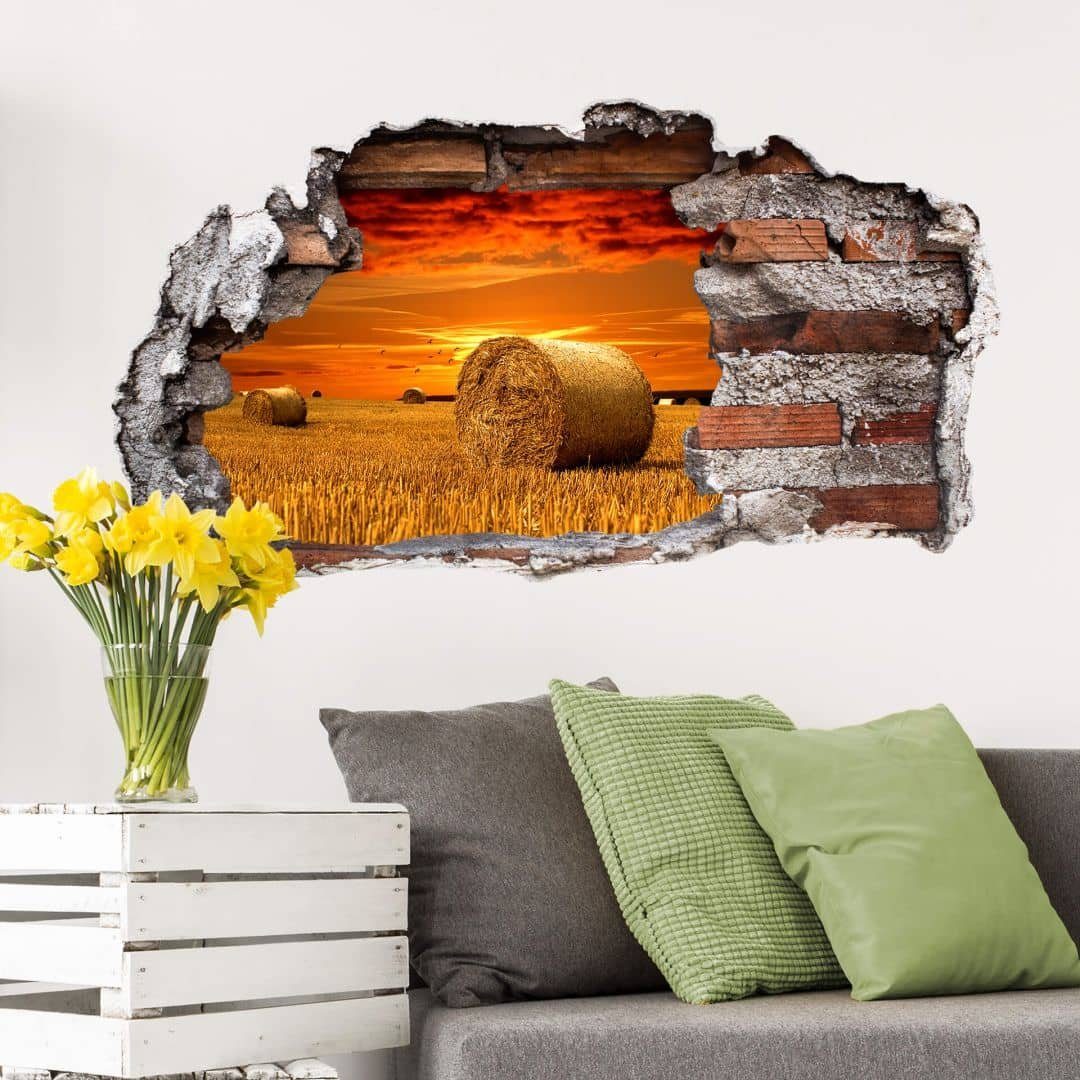 K&L Wall Art Wandtattoo 3D Wandtattoo Strohballen Aufkleber Landwirtschaft Heimat Sonnenuntergang, Mauerdurchbruch Wandbild selbstklebend