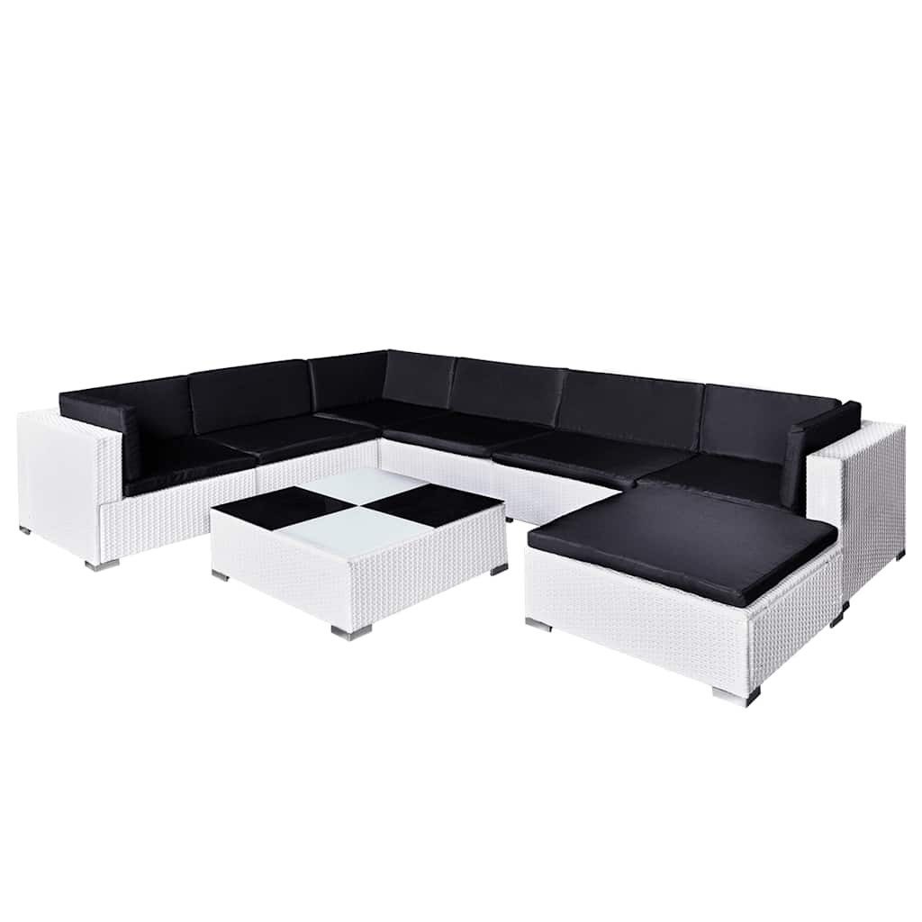 vidaXL Gartenlounge-Set 8-tlg. Garten-Lounge-Set mit Auflagen Poly Rattan Weiß, (8-tlg)