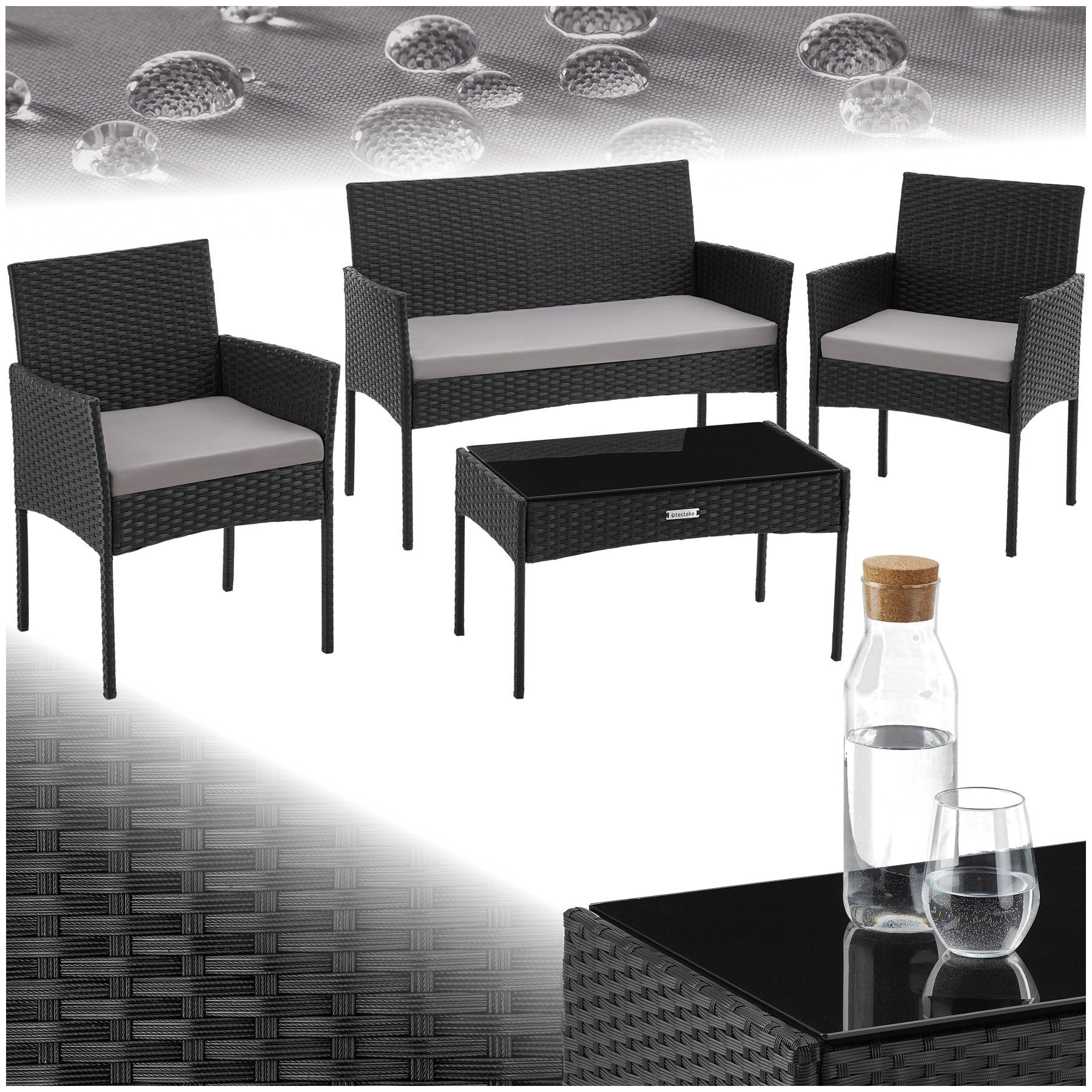 tectake Sitzgruppe Rattan Gartenset, (Set., 4-tlg), Wasserabweisende, abnehmbare und waschbare Polyesterbezüge