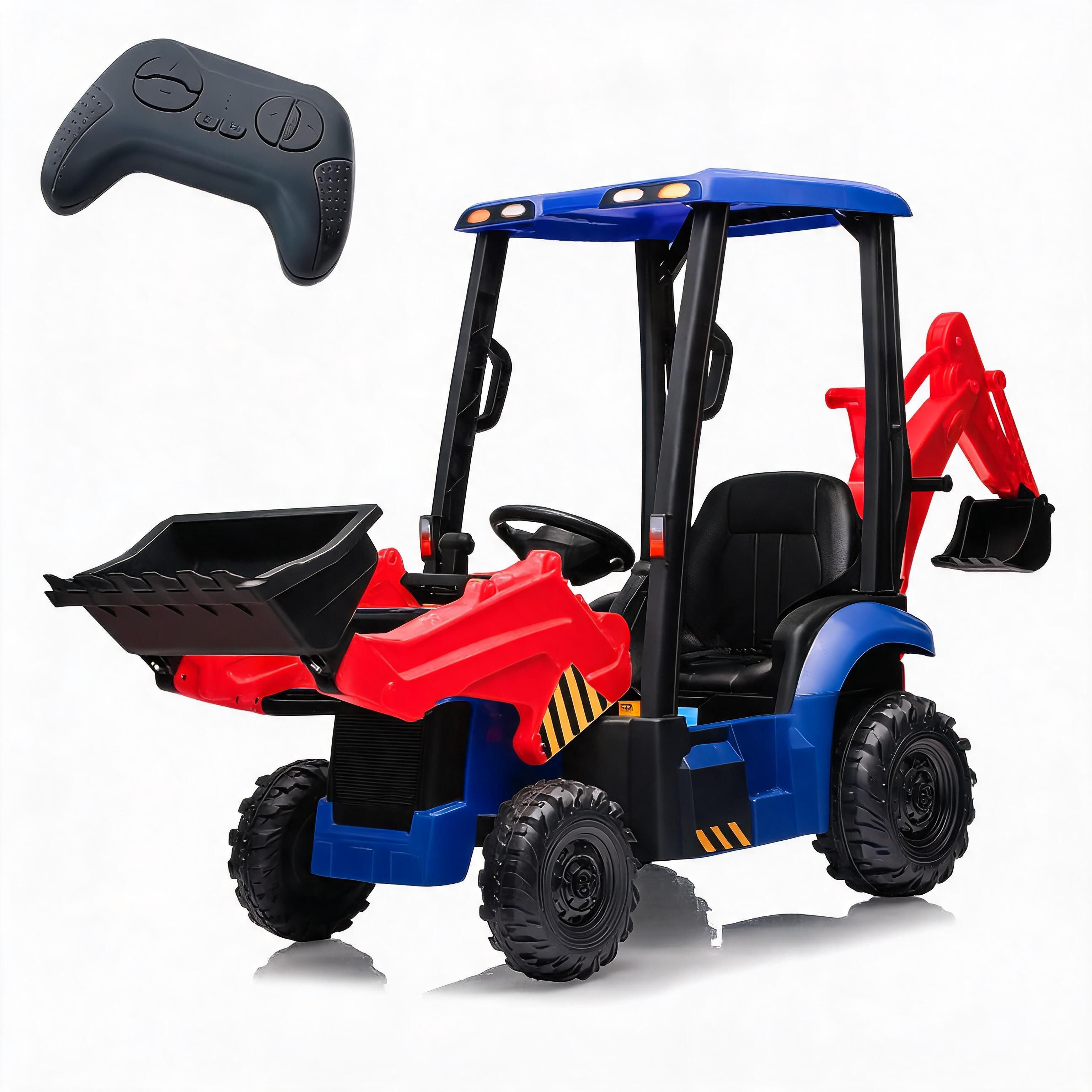 GarveeMore Elektro-Kinderauto 4-in-1 Kinder Elektrofahrzeug 12V, Elektrischer Traktor, Mit Bagger & Frontlader, Hupe, Abnehmbares Dach