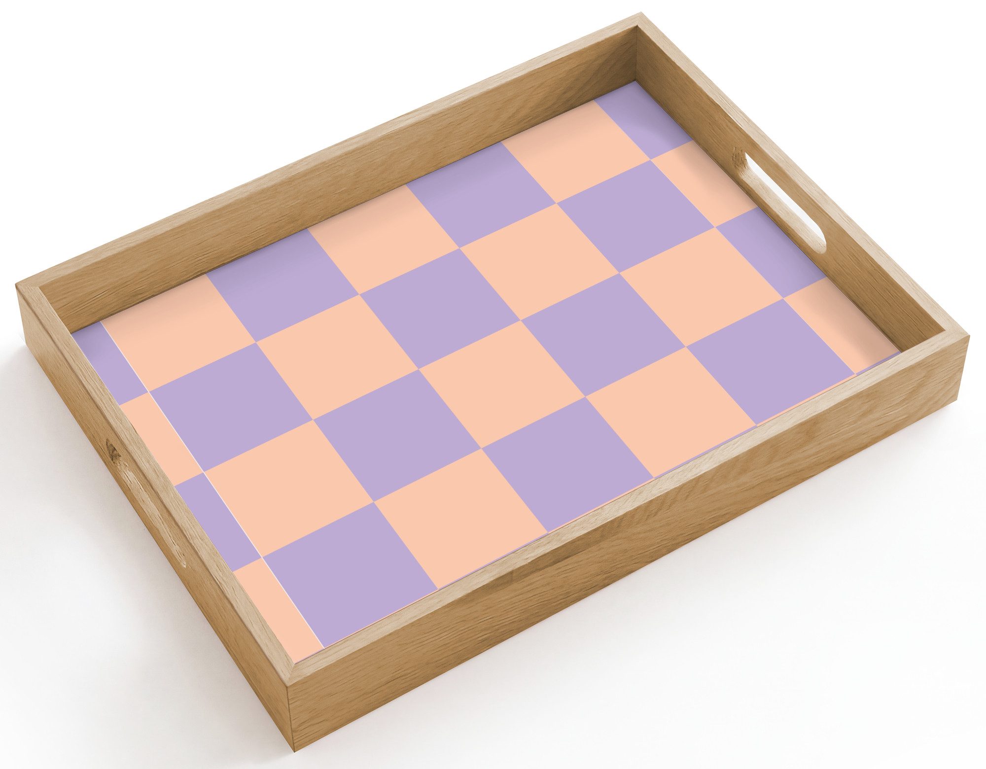 OnlyWow Tablett Rechteckig mit Henkel Schachbrettmuster - Lila - Rosa - Würfel, Eichenholz, (1-tlg), Siervierplatte, Tray, Frühstücksbrett