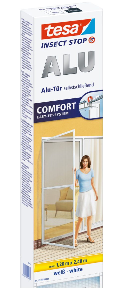 tesa Insektenschutz-Tür Insect Stop ALU Comfort Fliegengitter für Türen - 1.2 m : 2.4 m, (Packung, 1-St., Fliegennetz, Aluminiumrahmen), Insektenschutz für Balkontür, Terrassentür, Aluminiumrahmen