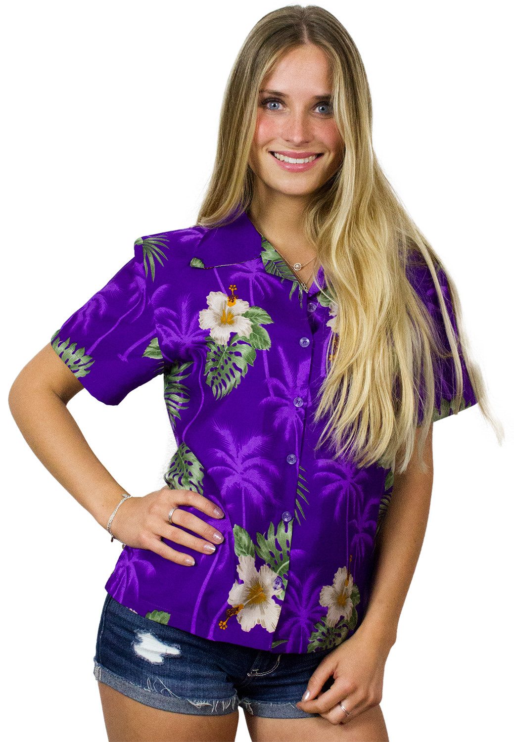 King Kameha Hawaiihemd Small Flower Funky Hawaiibluse Damen Kurzarm Front-Tasche Stylish