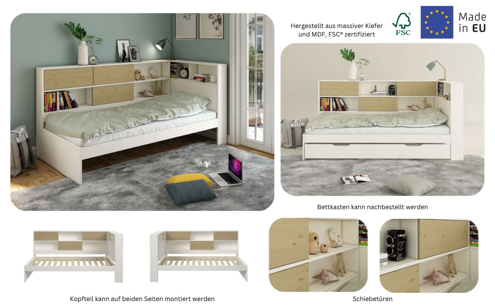 OTTO home Stauraumbett Amance, Kopfteil beidseitig montierbar, stabil und langlebig, Stauraum (Außenmaße B/T/H: 110,2/220,1/106,9 cm), FSC® zertifiziert, inklus – Bild 4 von 5