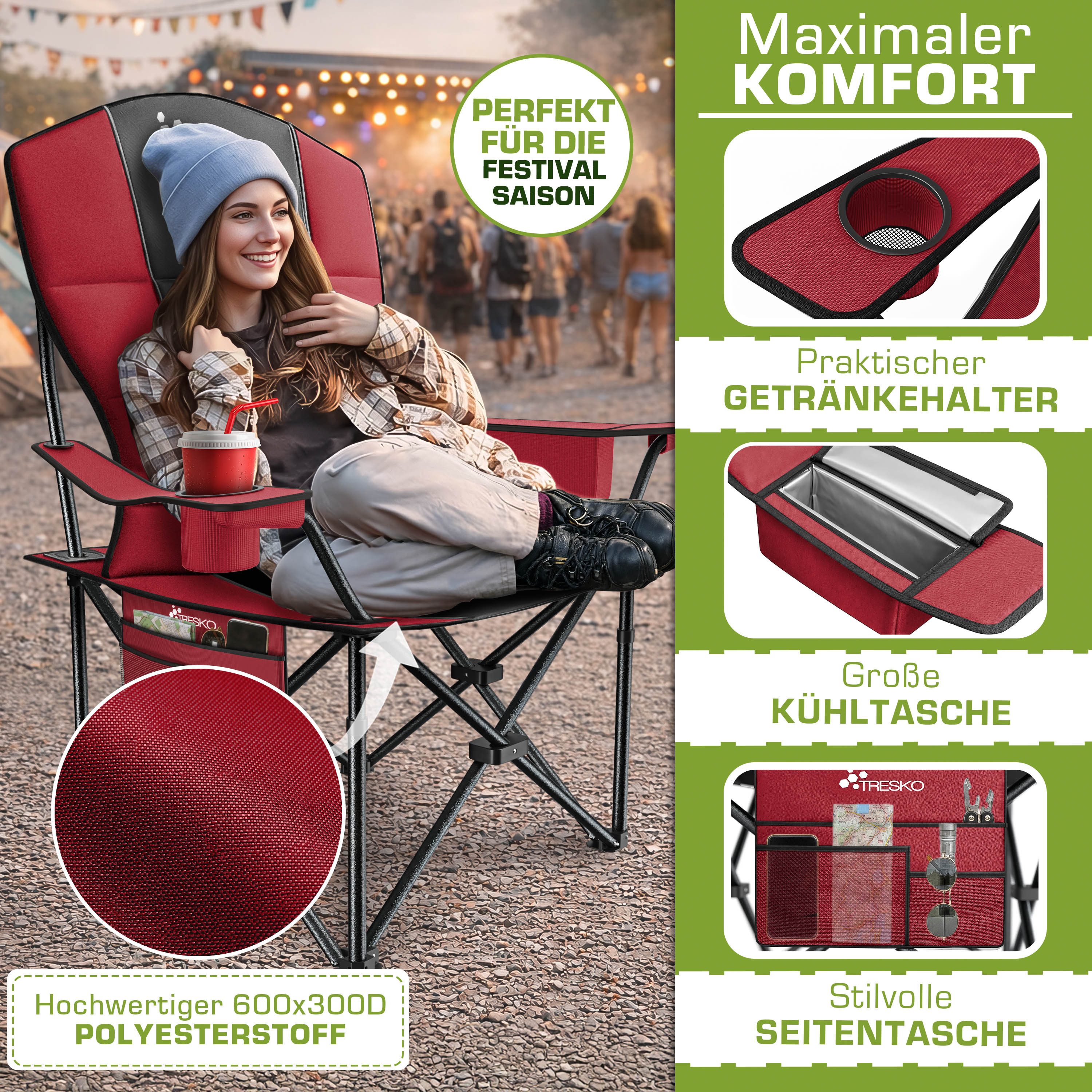TRESKO Campingstuhl Faltbar bis 200kg Faltstuhl mit Kühltasche, Getränkehalter (Seitentasche, Klappstuhl XXL inkl. Tragetasche Angelstuhl), gepolstert für Outdo – Bild 5 von 5