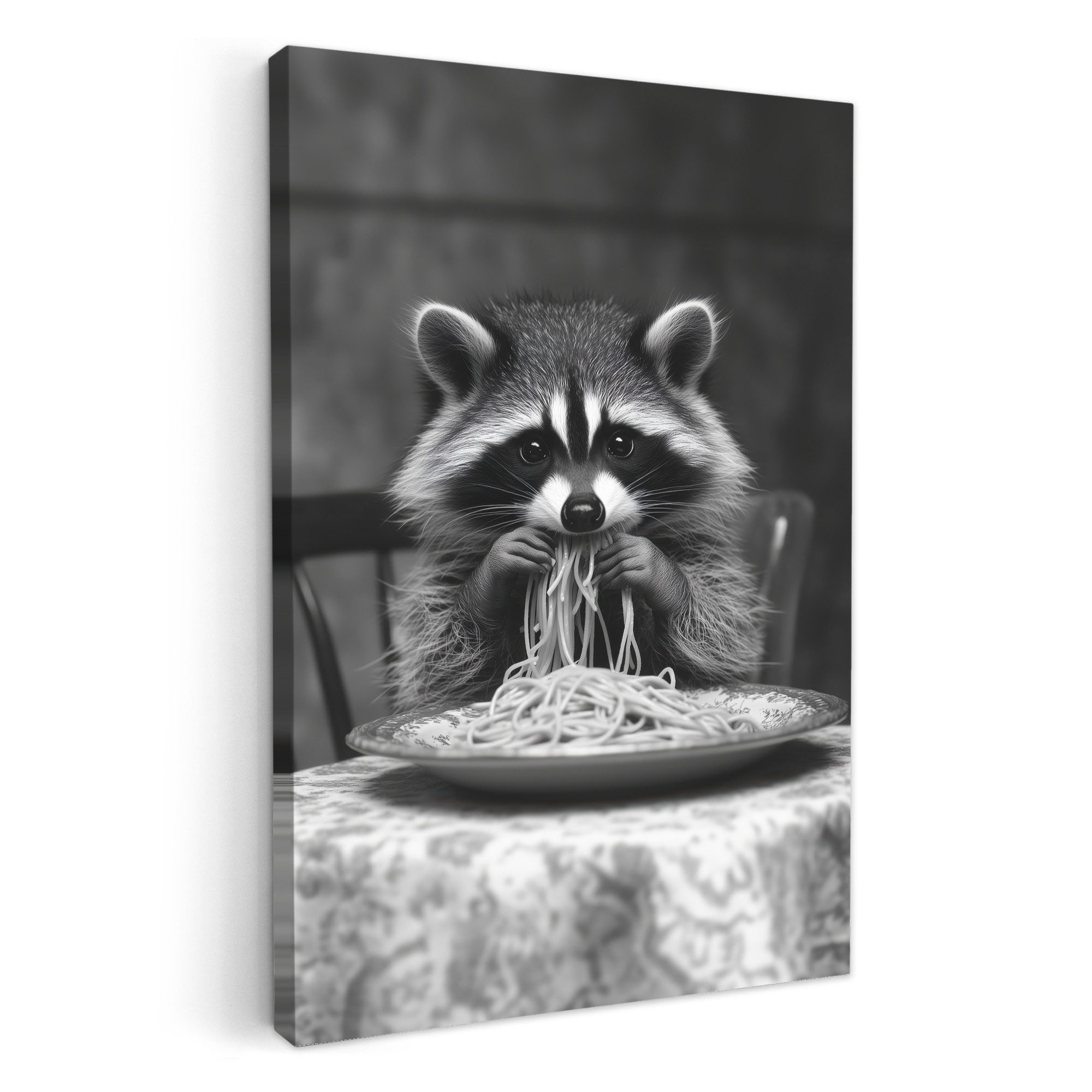 OneMillionCanvasses® Leinwandbild Waschbär - Niedlich - Pasta - Tischtuch - günstig online kaufen