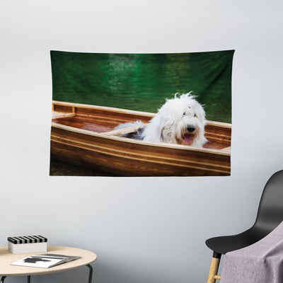 Wandteppich Wohnzimmer Schlafzimmer Wandtuch Seidiges Satin Wandteppich, Abakuhaus, rechteckig, Englisch Sheepdog Bobtail in einem Kanu