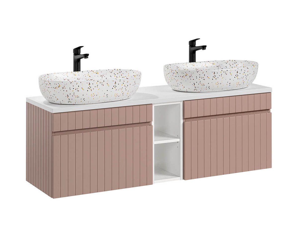einfachgutemoebel Waschtisch-Set Badezimmer Waschplatz ROSINA 140cm, mit 2x Aufsatzbecken, rosé-weiß, (Badmöbel Set, 1-St., Waschtisch Set)