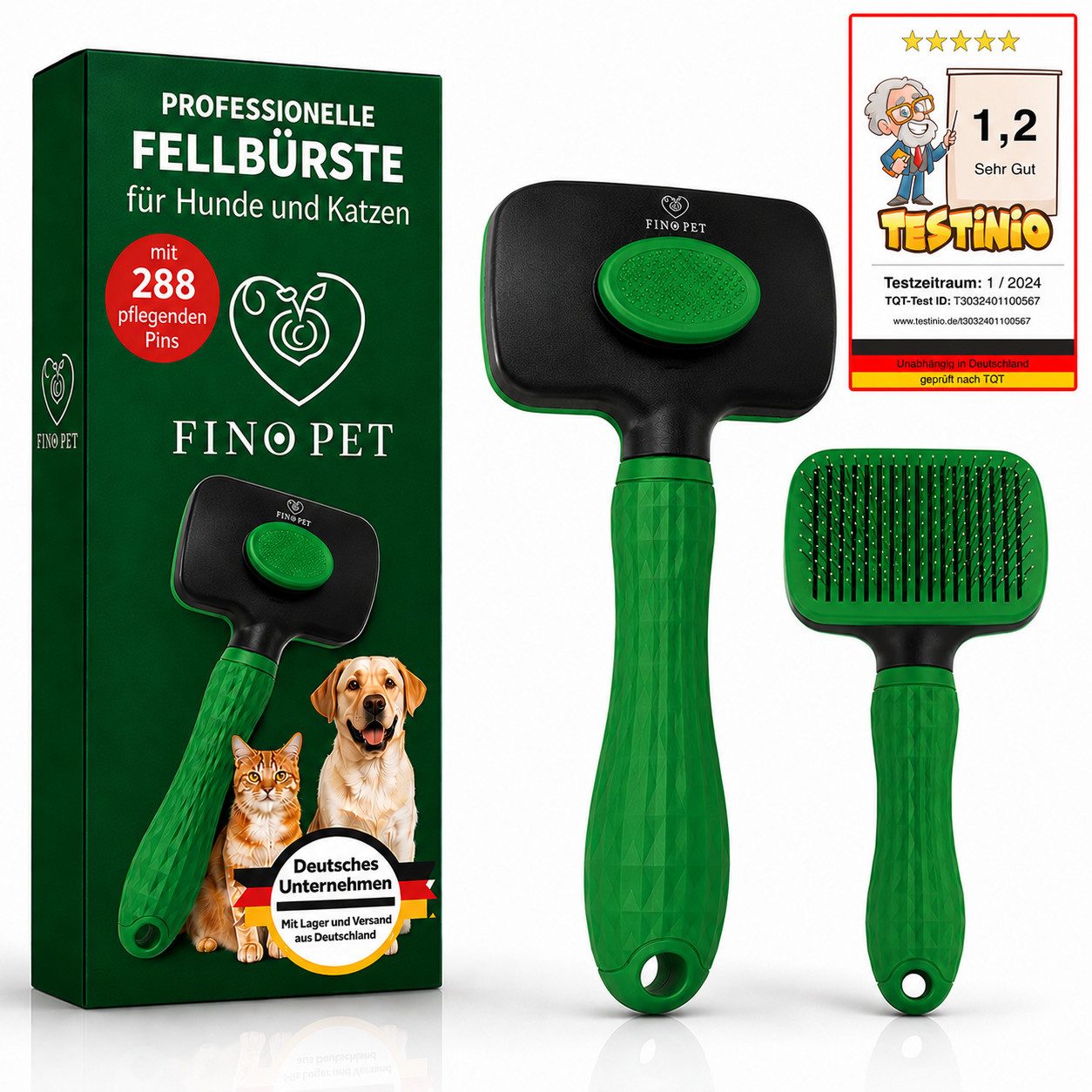 FinoPet Fellbürste Hundebürste / Katzenbürste mit automatischem Selbstreinigungsknopf, Edelstahlbürstenkopf mit 288 schützenden Perlen überzogenen, (1-tlg), Für Hund und Katze Langhaar Kurzhaar