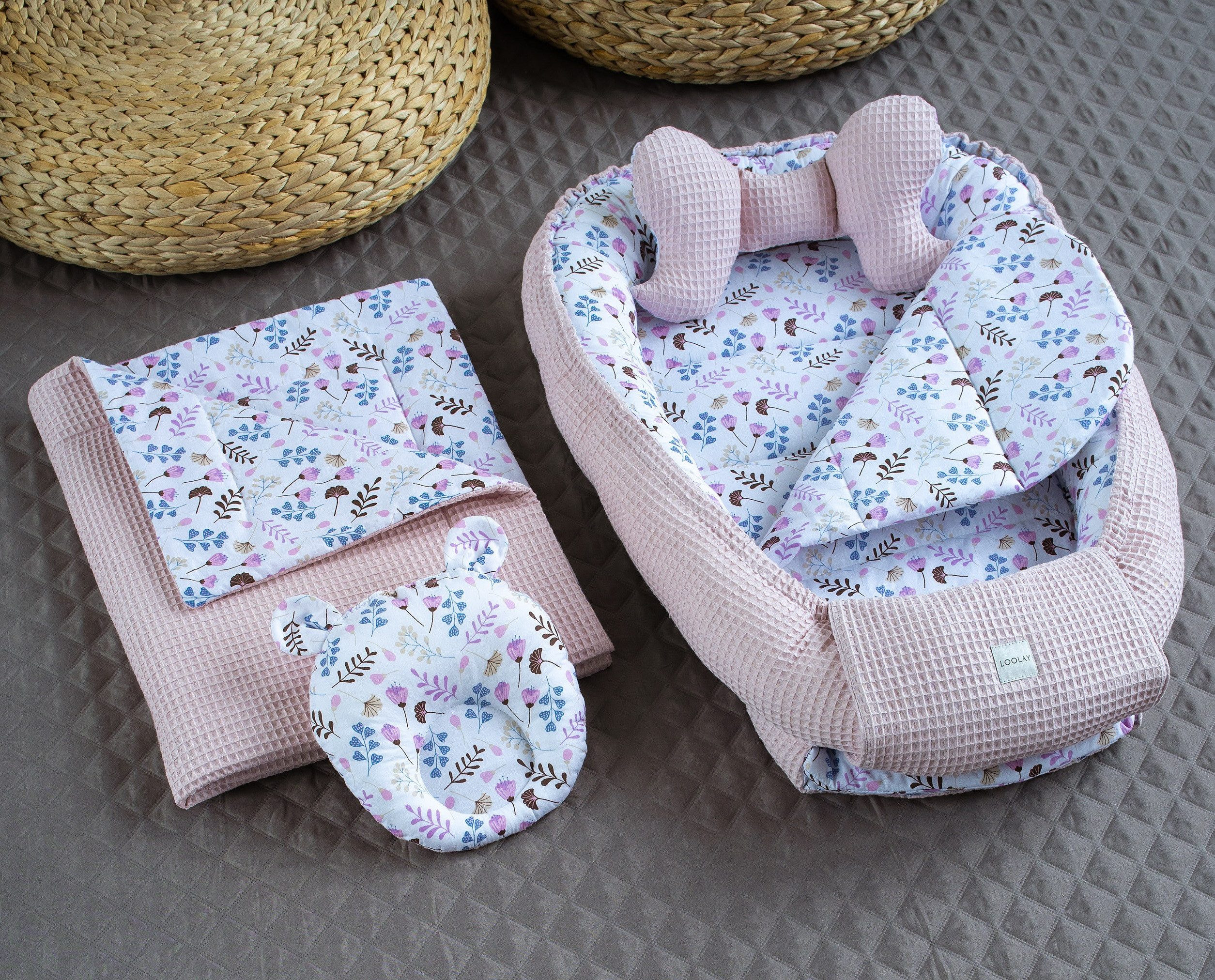 Bettnestchen Altrosa WAFFELPIQUE/ BLUMEN Rosa 5 TLG SET Babynest Babyausstattung